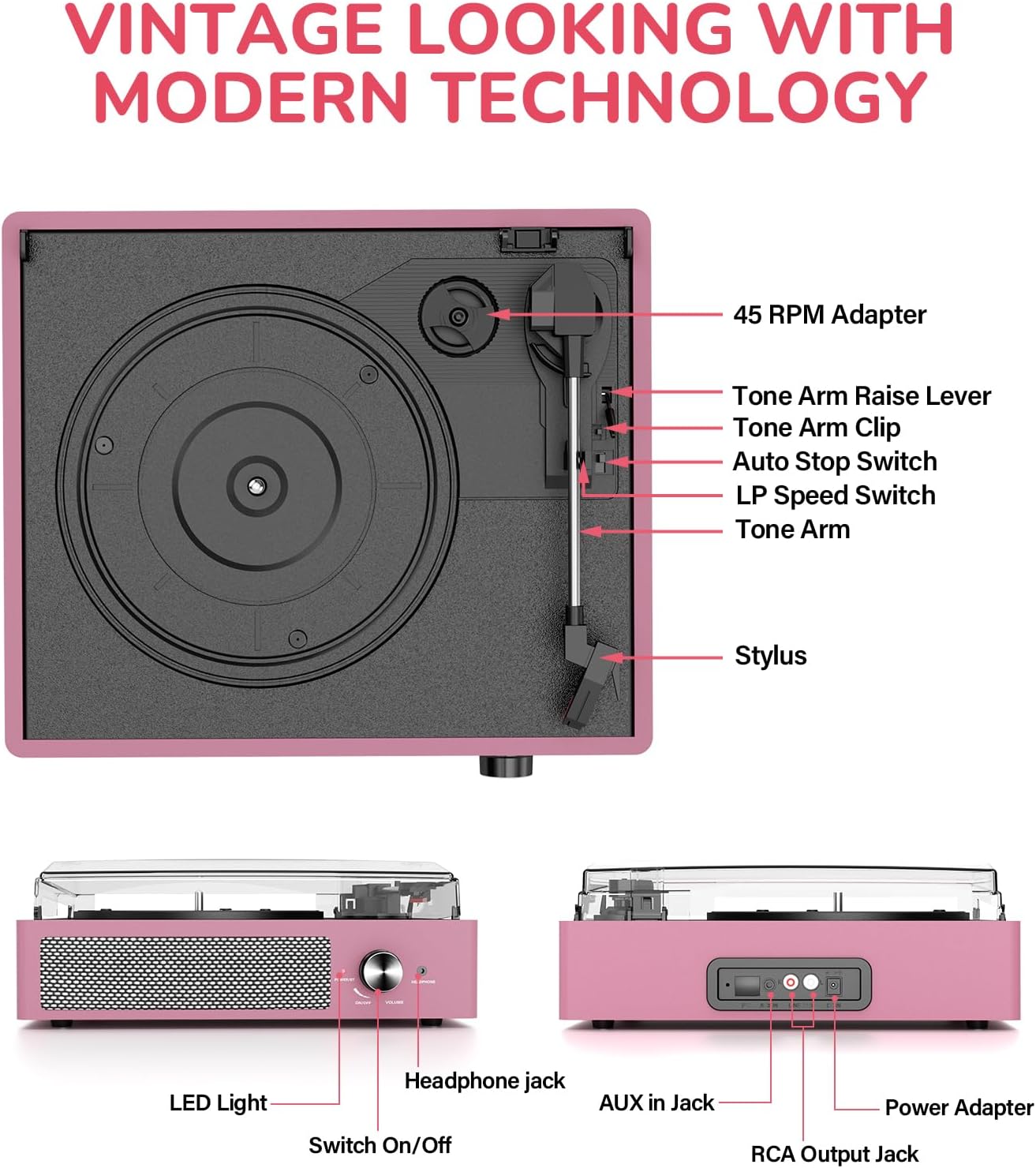 Digitnow Vinyl Player – Bluetooth Record Player with Speakers Pink