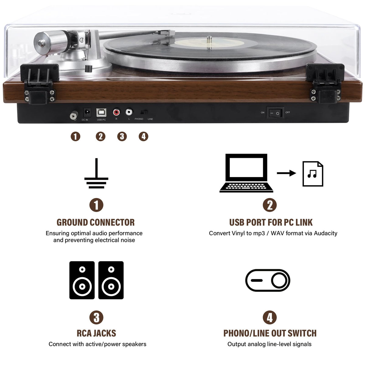 Belt Drive Turntable for Vinyl Record Player,Connect with Bluetooth Speakers or Active Speaker,Built-in Phono Pre-amp,USB Digital Output, Magnetic Cartridge,High-Gloss Wood Design(Brown)