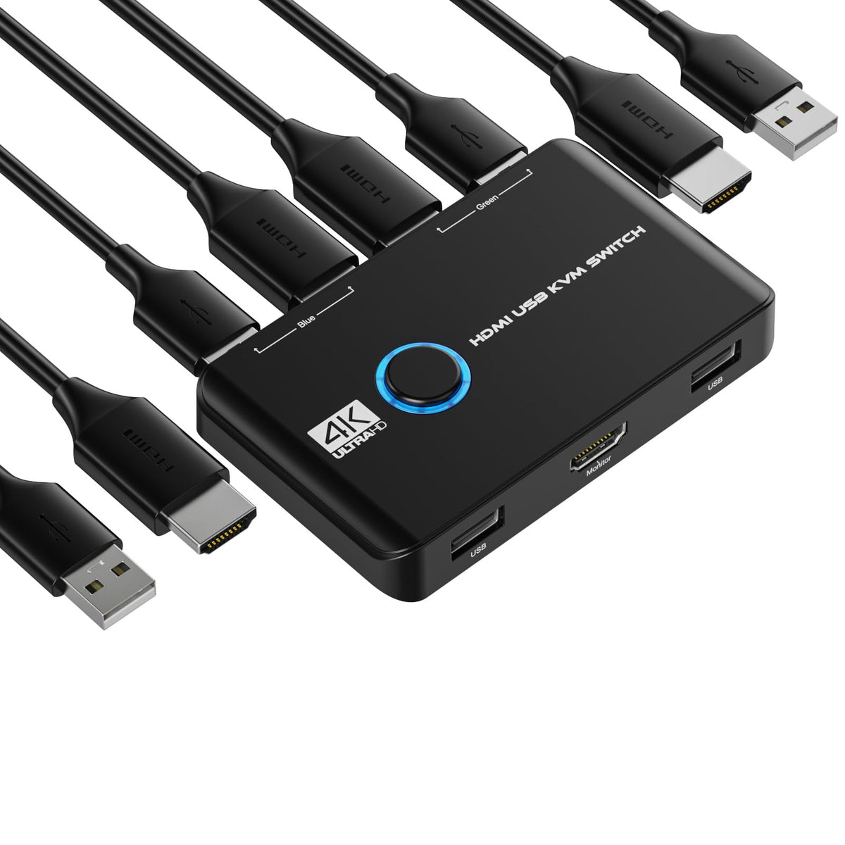 KVM Switch, 4K@60Hz KVM Switch 1 Monitors 2 Computers, HDMI KVM Switches for 2 Computers Sharing One HD Monitor and Keyboard Mouse, Button Switch, Plug and Play, 2 HDMI Cables and 2 USB Cables