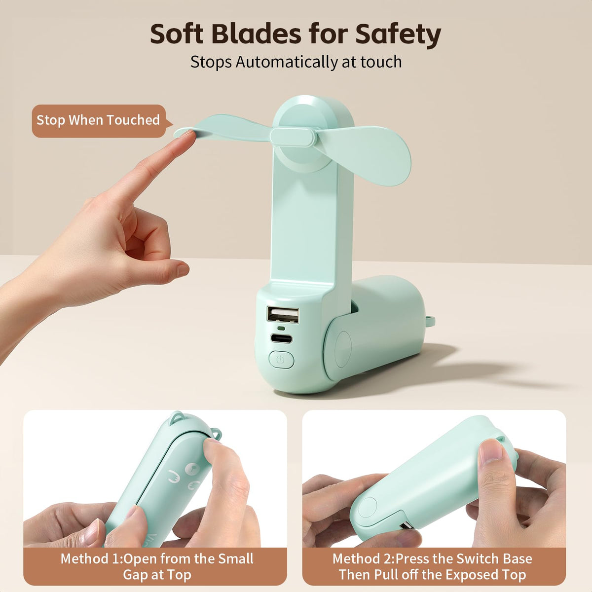 Morelax Portable Fan, Mini Handheld Fan with Power Bank, Cute USB Rechargeable Pocket Fan, Foldable Small Cooling Fan with LED Light, Personal Travel Fan,Summer,Beach Essentials,Summer Gift for Women