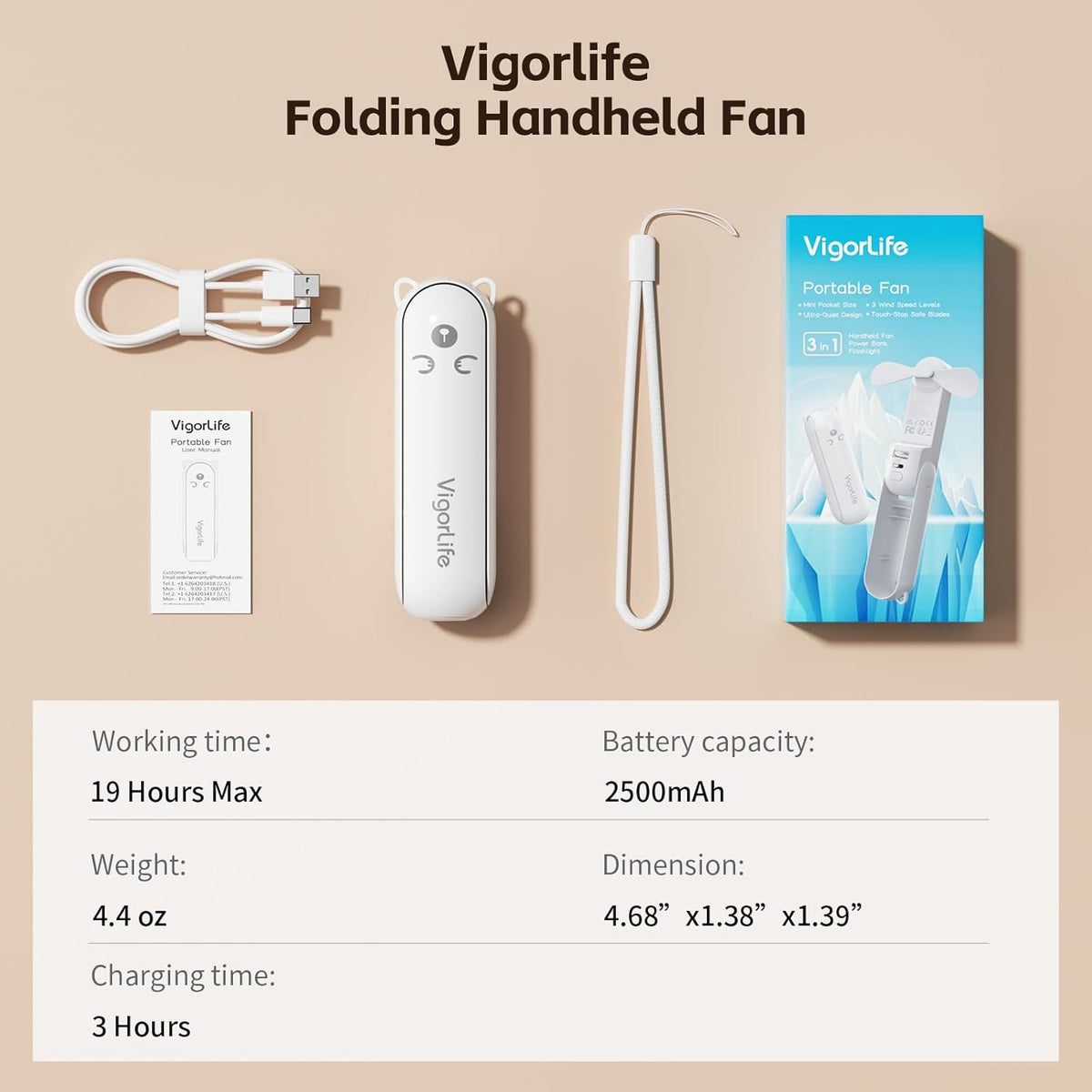 VigorLife Mini Portable Handheld Fan,USB Rechargeable 3 IN 1 Personal Cooling Fans,Small Foldable Pocket Fan with LED Flashlight for Travel & Emergency Essentials,Outdoor White