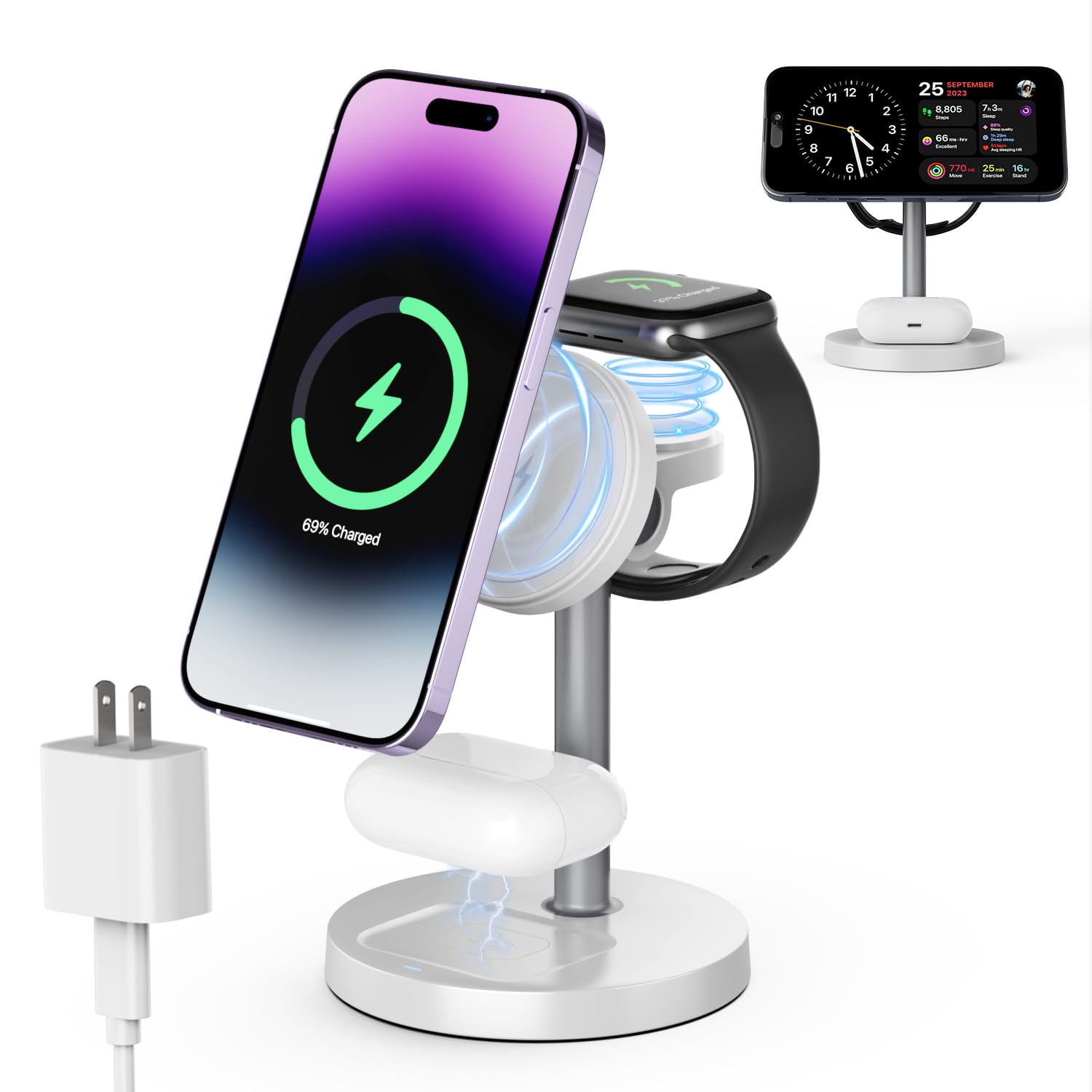 3 in 1 Wireless Charging Station Compatible with MagSafe, 15W Fast Charging Magnetic Mag-Safe Charger Stand for Apple iPhone 17 16 15 14 13 12Series Apple Watch AirPods Pro 4 3 2, Gifts for Men Women