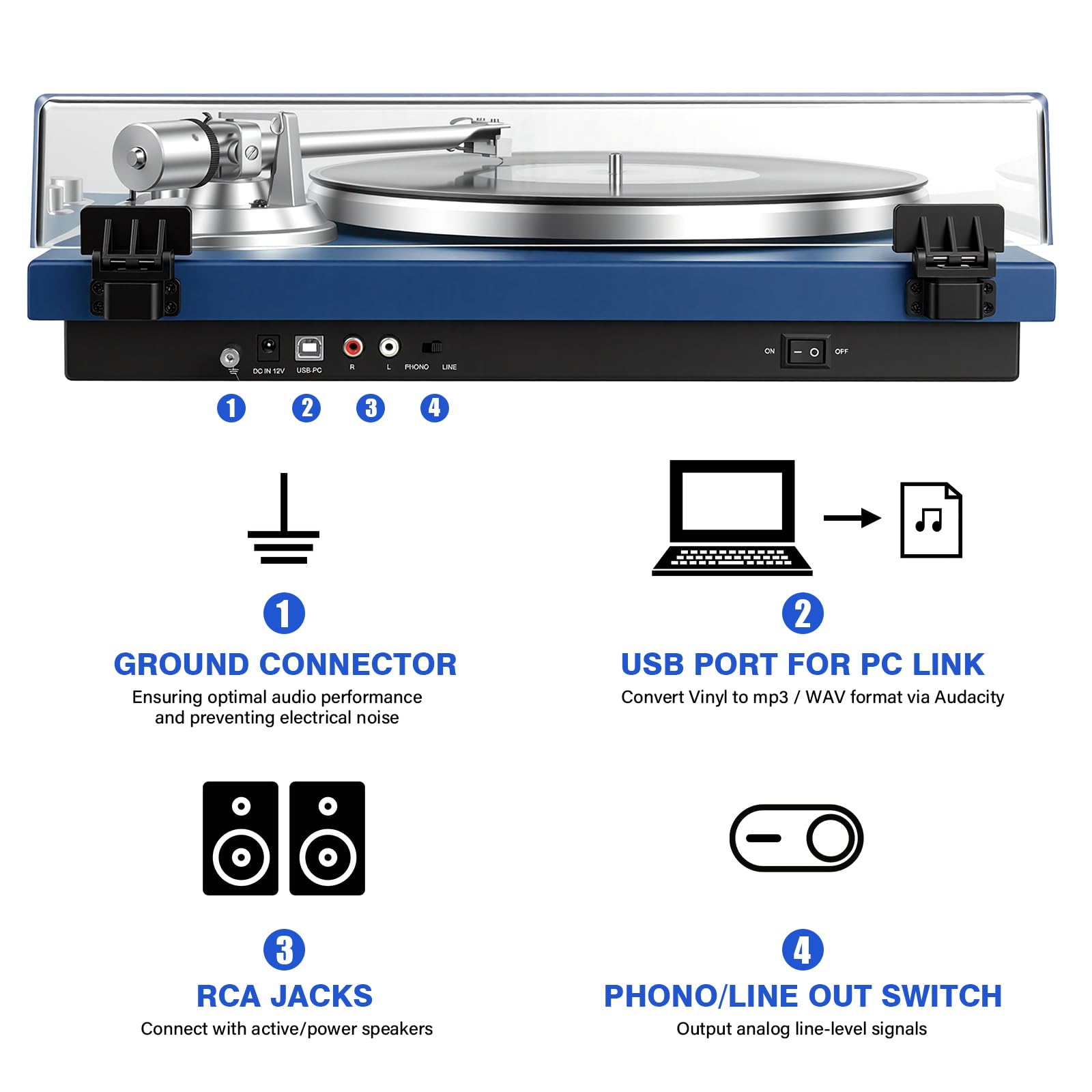 Belt Drive Turntable for Vinyl Record Player, Bluetooth Output, Built-in Phono Preamp, USB Digital Output, Magnetic Cartridge, 33/45 RPM, Wood Design, No Built-in Speakers(Blue)