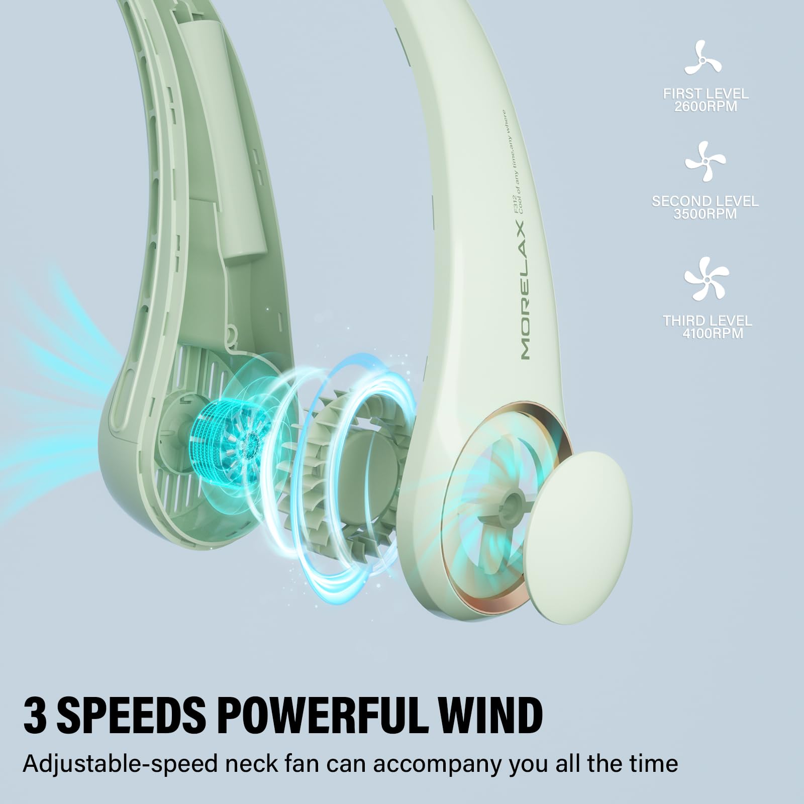 Morelax Neck Fan, USB Rechargeable Personal Fan, 3 Speeds Adjustable, Large air outlet Powerful Strong Wind, Adjustable, 360° Cooling, Super Quiet, No Blade Design, No Hair Twisting, Small (Green)