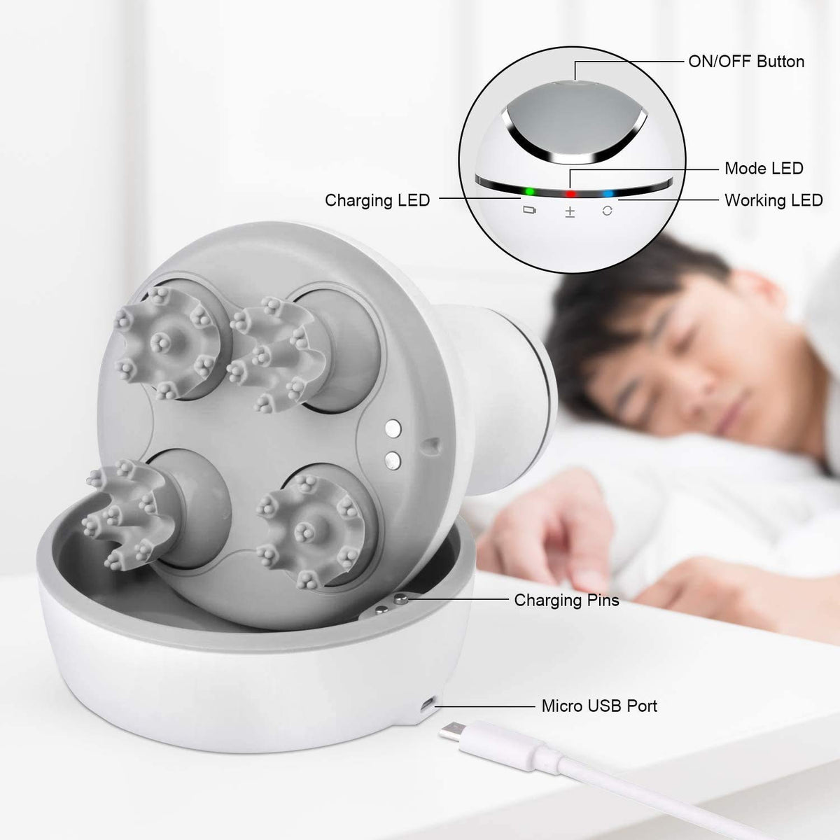 Electric Scalp Head Massager, Waterproof Massager with 4 Heads 84 Nodes for Hair Growth and Stress Release Massage-white