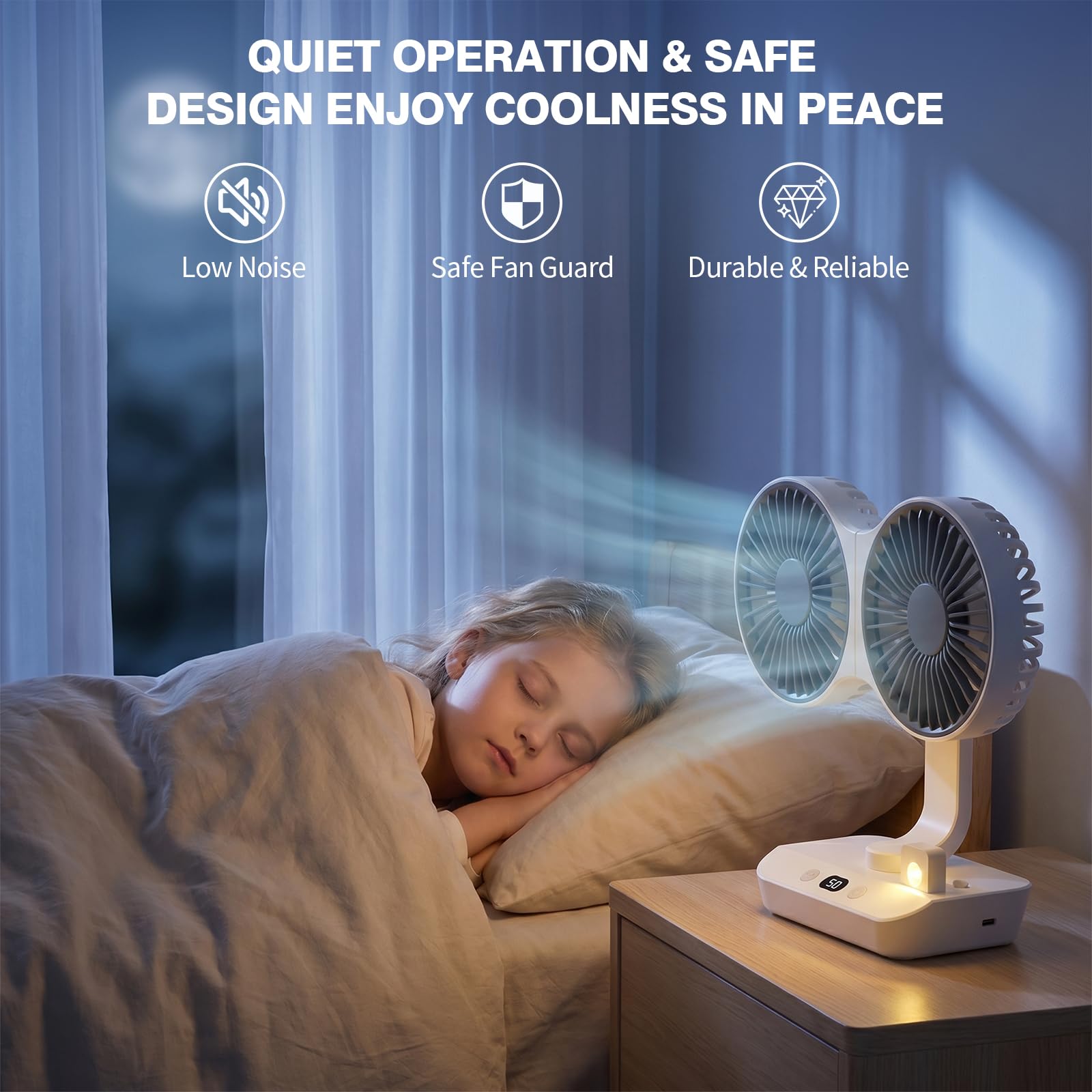 Morelax Dual Head Desk Fan with LED Light, USB Rechargeable Portable Mini Fan, Quiet Desktop & Wall-Mounted Fan, Multi-Angle Rotation, 4 Speeds, for Bedroom, Home, Office, Camping