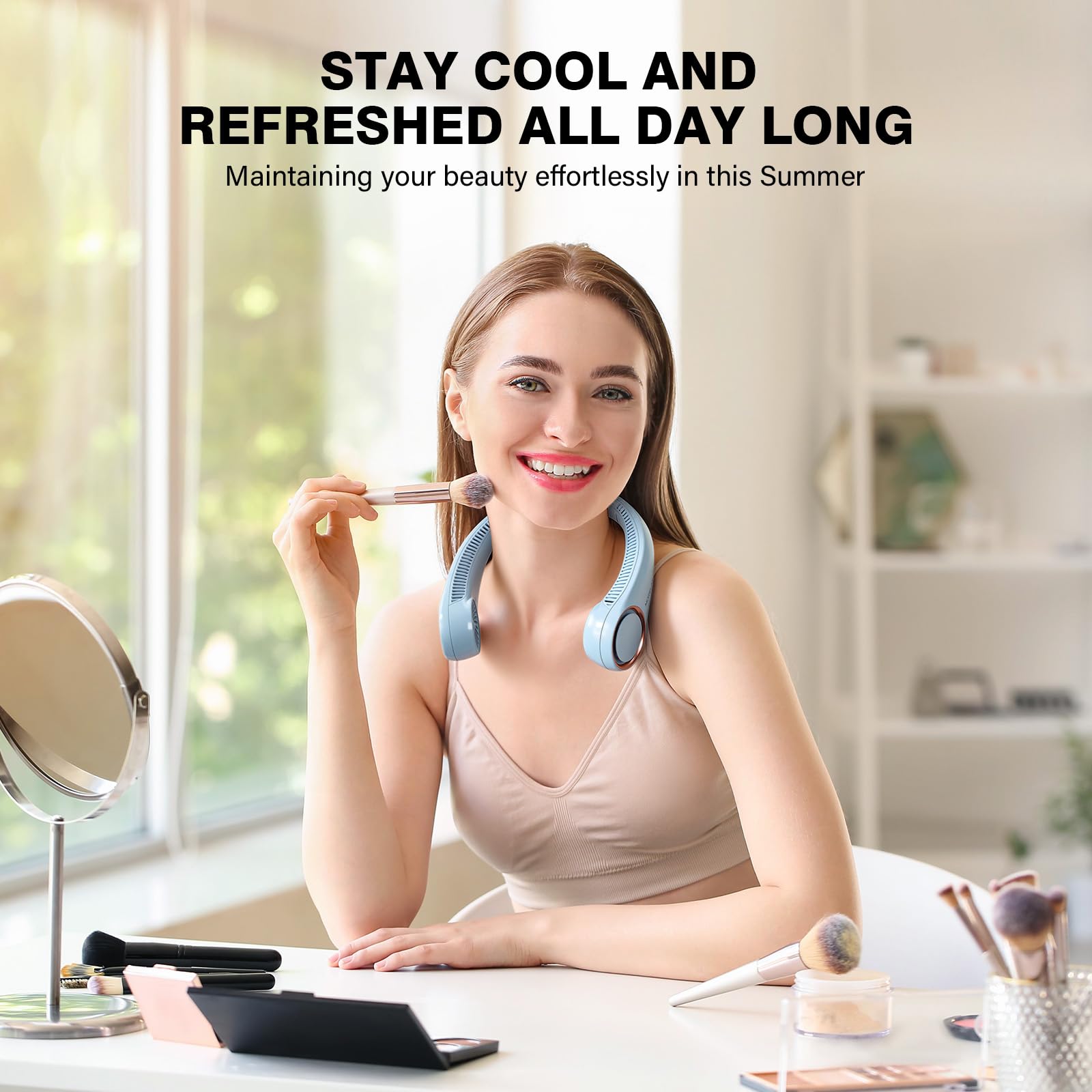 Morelax Neck Fan, USB Rechargeable Personal Fan,Hand Free Bladeless Portable Fans,4000 mAh, 3 Speeds,72 Air Faster softer 360° Cooling, Gift Suitable for Home, Office, Travel, Sports Light Blue