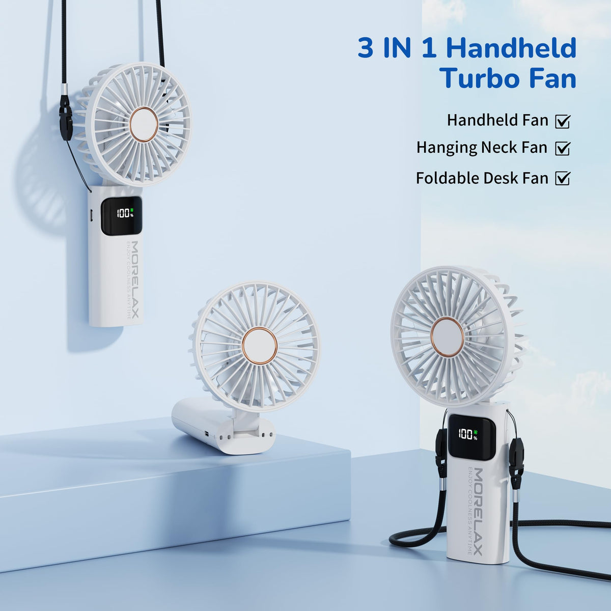 Portable Handheld Fan, USB Rechargeable Foldable Mini Personal Fan, 5200mAh, 180 Adjustable, 6 Speed Wind, 3 IN 1 Hand Cooling Desk Fan with LED Display for Home Office School Outdoor Travel, White