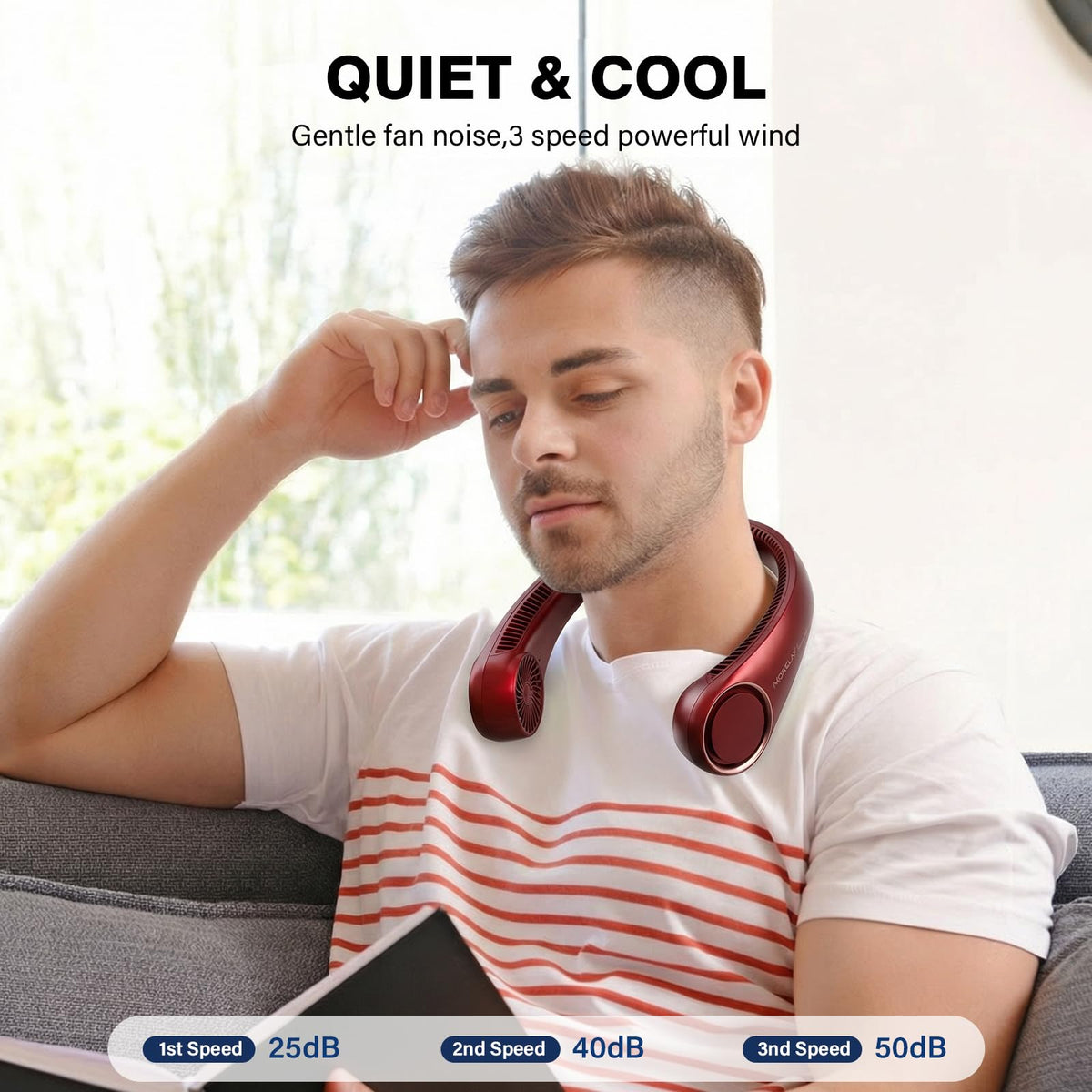 Morelax Neck Fan, USB Rechargeable Personal Fan,Hand Free Bladeless Portable Fans,4000 mAh, 3 Speeds,72 Air Faster softer 360° Cooling, Gift Suitable for Home, Office, Travel, Sports Red