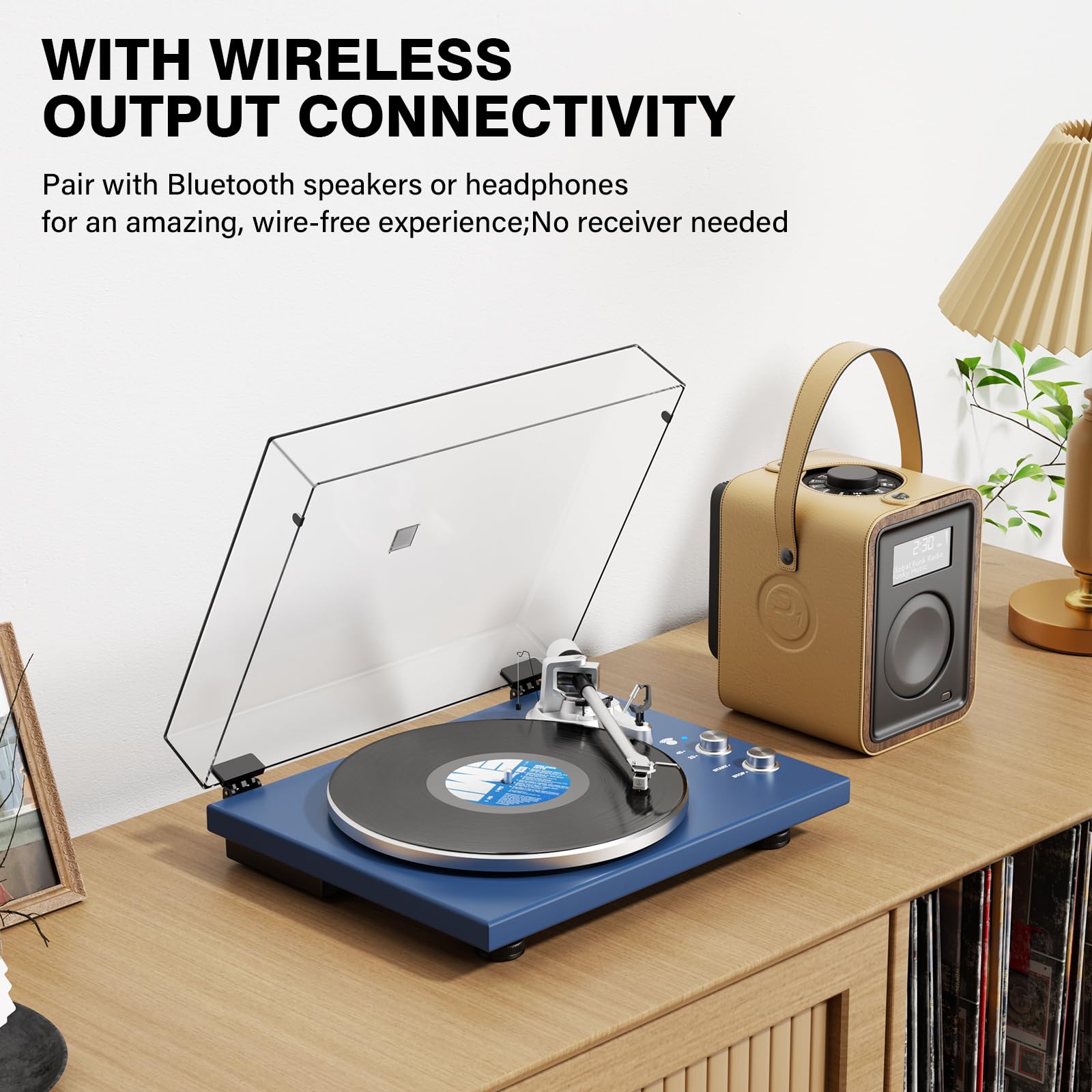 Belt Drive Turntable for Vinyl Record Player, Bluetooth Output, Built-in Phono Preamp, USB Digital Output, Magnetic Cartridge, 33/45 RPM, Wood Design, No Built-in Speakers(Blue)