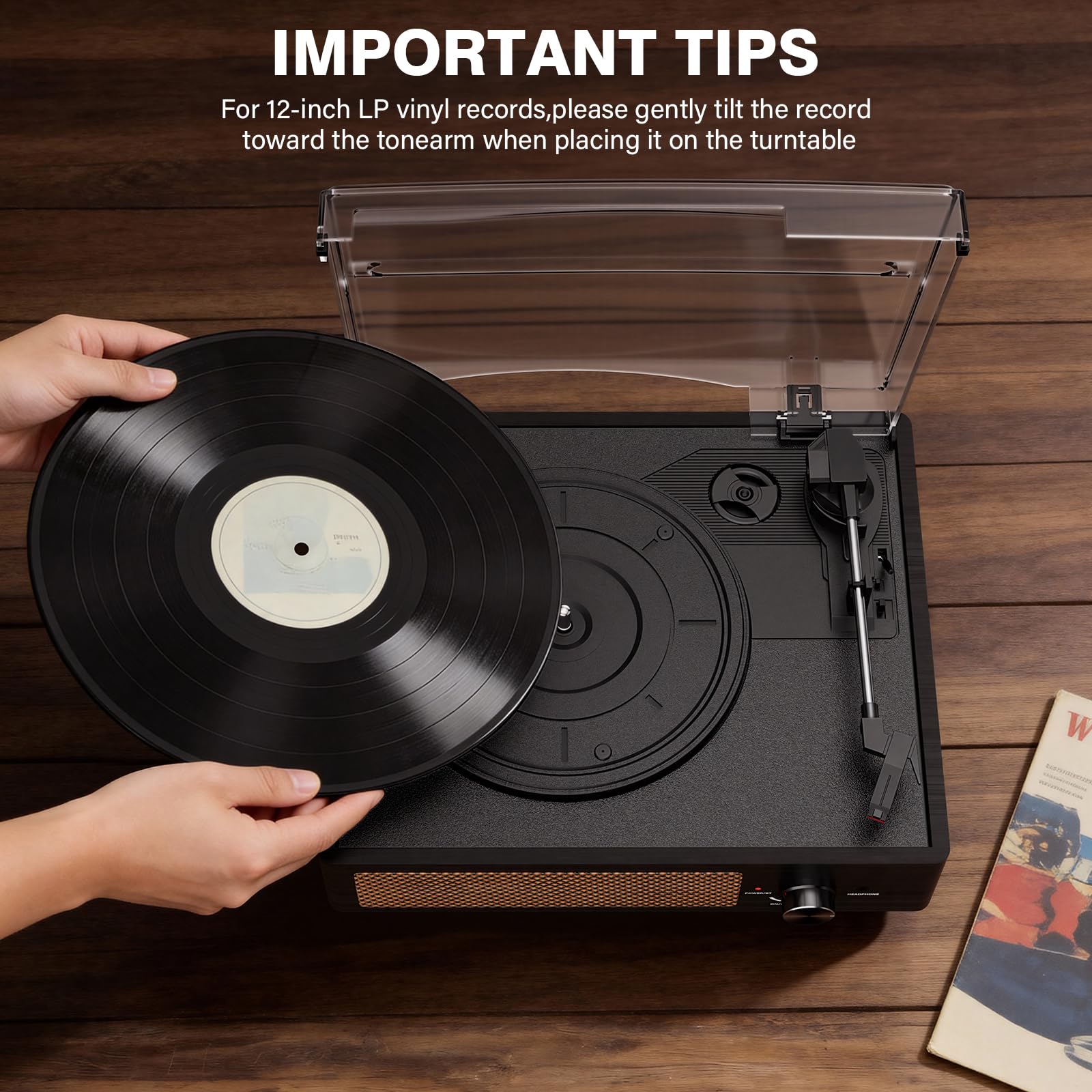 Record Player for Vinyl with 2 Build-in Speakers LP Vinyl Players Belt-Driven Vintage Turntables 3 Speed 3 Size, Wireless Bluetooth Playback, AUX-in, RCA Out, Headphone, Auto Stop Black Wood