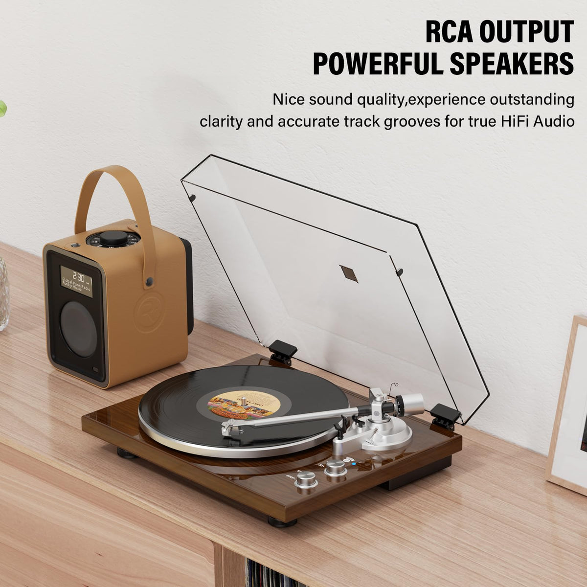 Belt Drive Turntable for Vinyl Record Player,Connect with Bluetooth Speakers or Active Speaker,Built-in Phono Pre-amp,USB Digital Output, Magnetic Cartridge,High-Gloss Wood Design(Brown)