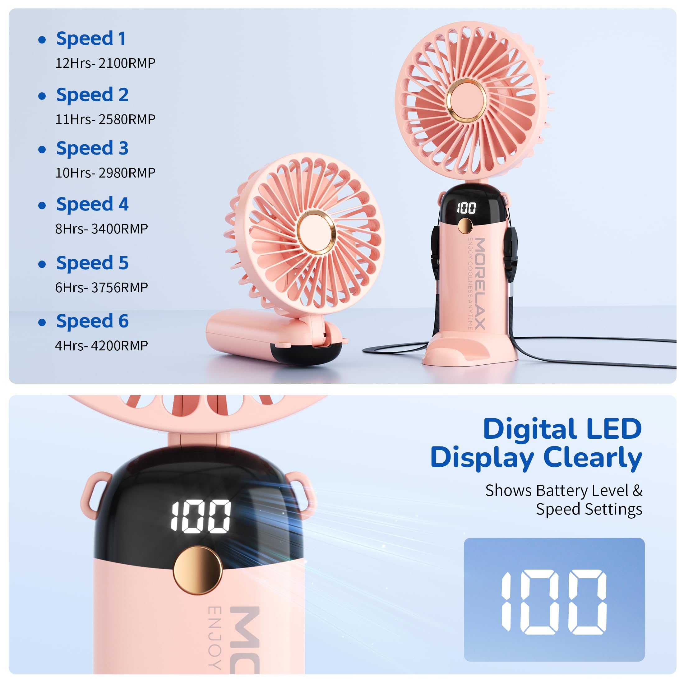 Morelax Handheld Mini Fan,USB Rechargeable Fodable Personal Fans 4000mAh,90 Adjustable, 6 Speed Strong Wind,Portable Fan Pocket Design 5 IN 1Cooling Table Fan for Office School Outdoor Travel,Pink
