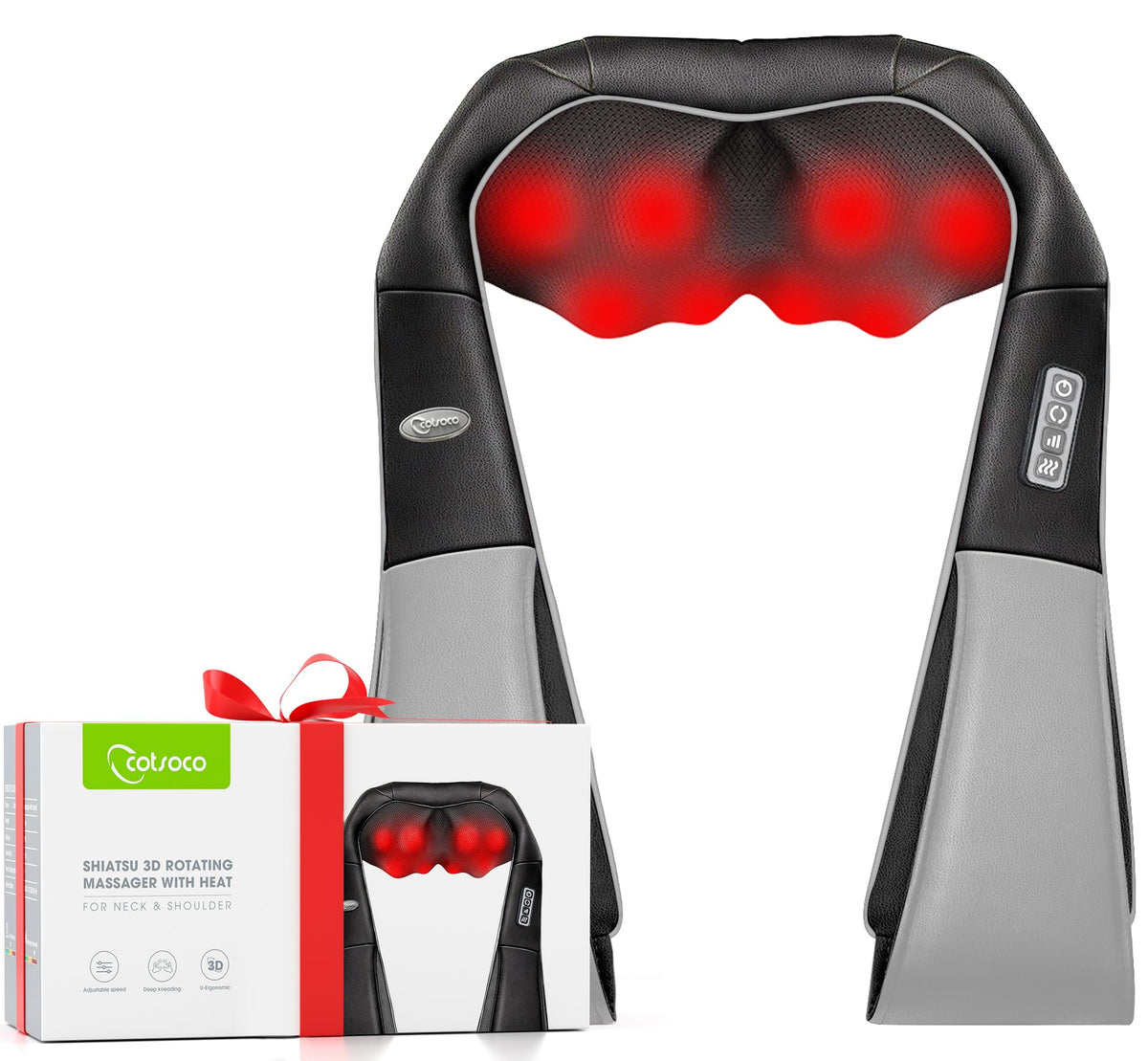 cotsoco Neck Massager, Shiatsu Neck and Back Massager with Heat for Pain Relief, Deep Tissue 3D Kneading Massage Pillow, Relaxation Gifts for Men and Women, Gifts for Dad, Elderly,Wife(Gray)
