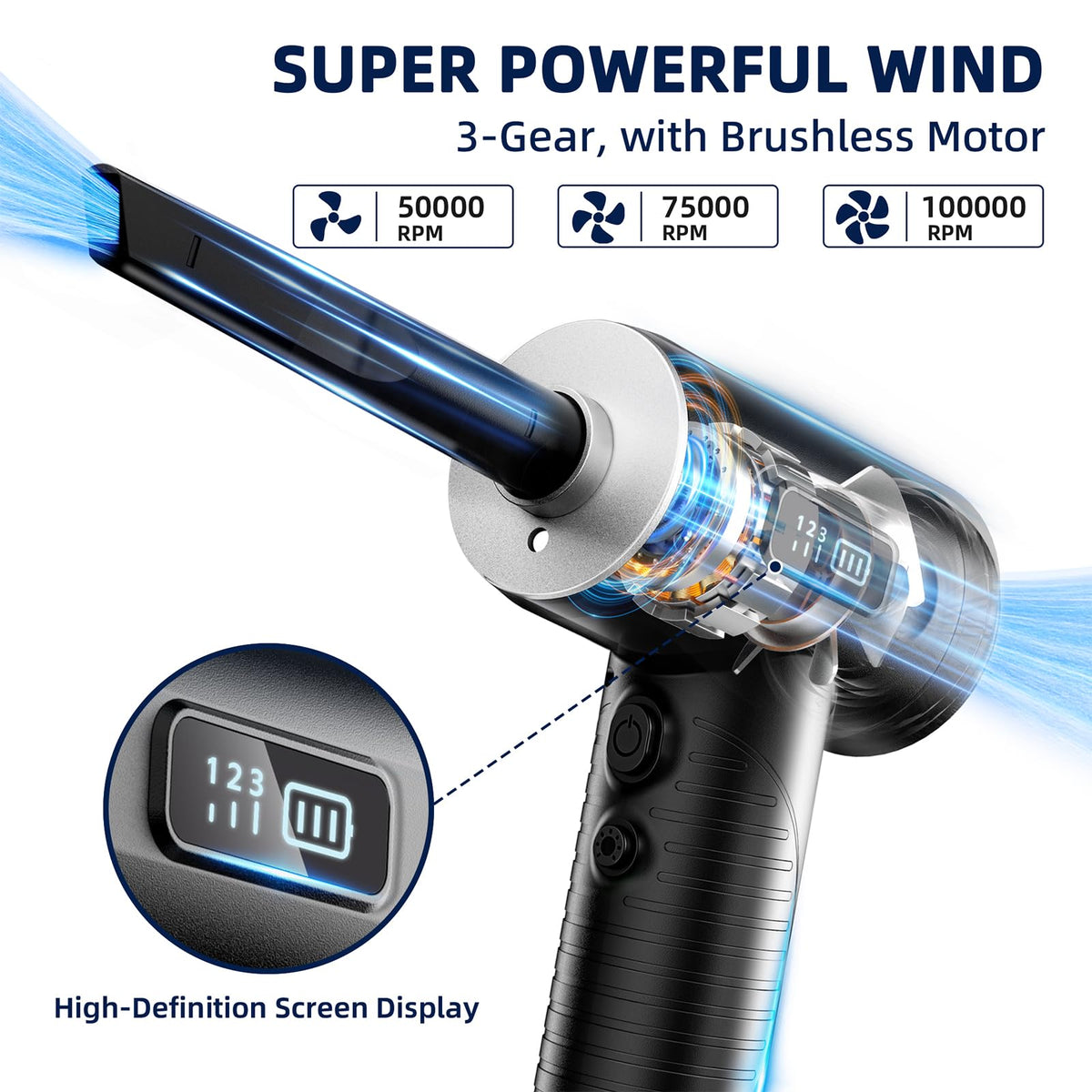 Compressed Air Duster, 100000RPM Super Power Electric Air Duster with LED Light, 3-Gear Adjustable Rechargeable Cordless Air Blower for Keyboard Car House Electric Devices Cleaning Outdoor