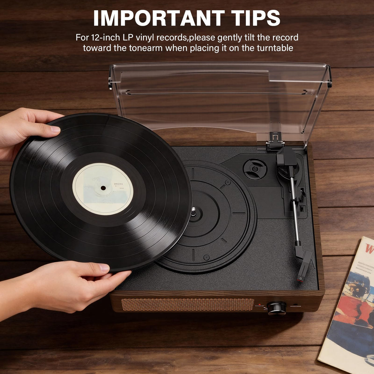 Bluetooth Vinyl Record Player,3-Speed Turntable with Stereo Speakers Vintage Phonograph Record Player, with RCA Line Out AUX in Headphone Jack Coffee Wood