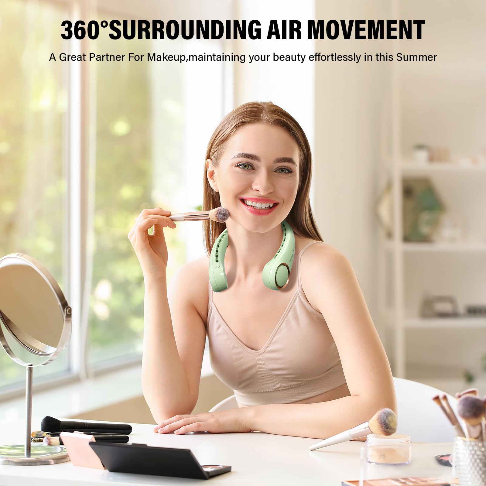 Morelax Neck Fan, USB Rechargeable Personal Fan, 3 Speeds Adjustable, Large air outlet Powerful Strong Wind, Adjustable, 360° Cooling, Super Quiet, No Blade Design, No Hair Twisting, Small (Green)