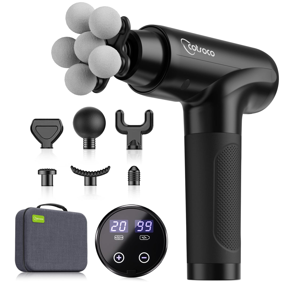cotsoco Massage Gun Deep Tissue, Percussion Massage Gun with 10 Massage Heads & 20 Speeds, Muscle Massage Gun with Large 6-Ball Head, Portable Back Massager Gun with Carry Case, Gifts for him
