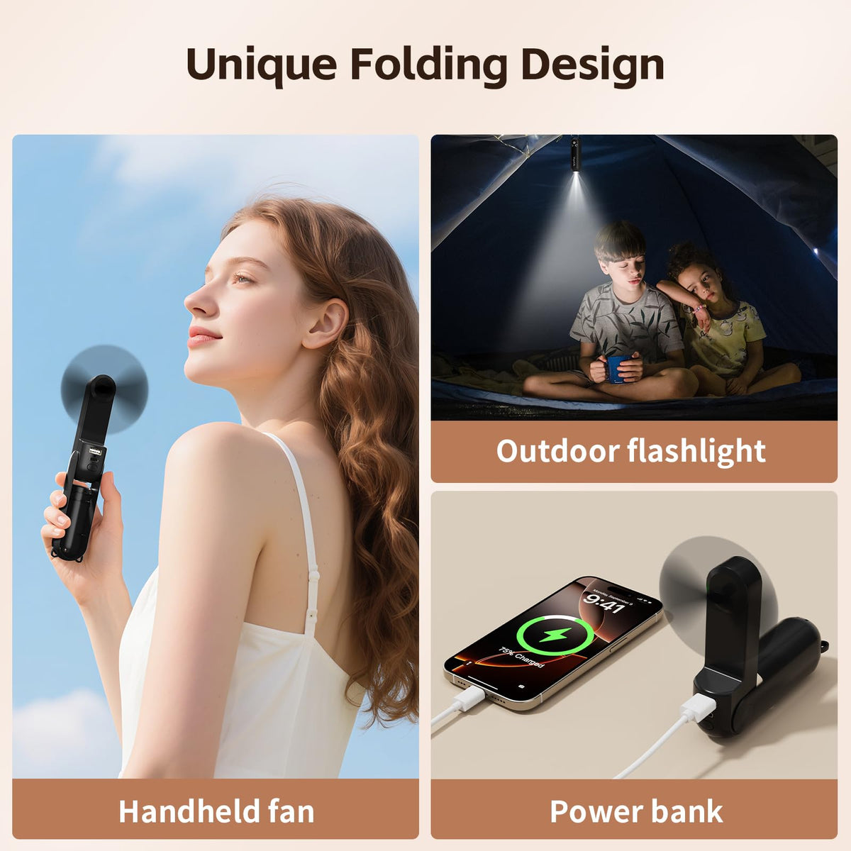 Morelax Portable Fan, Mini Handheld Fan with Power Bank, Cute USB Rechargeable Pocket Fan, Foldable Small Cooling Fan with LED Light, Personal Travel Fan,Summer,Beach Essentials,Summer Gift for Women