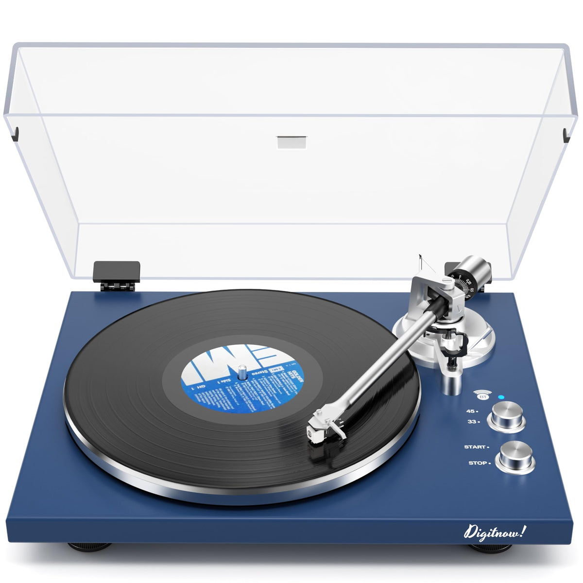 Belt Drive Turntable for Vinyl Record Player, Bluetooth Output, Built-in Phono Preamp, USB Digital Output, Magnetic Cartridge, 33/45 RPM, Wood Design, No Built-in Speakers(Blue)