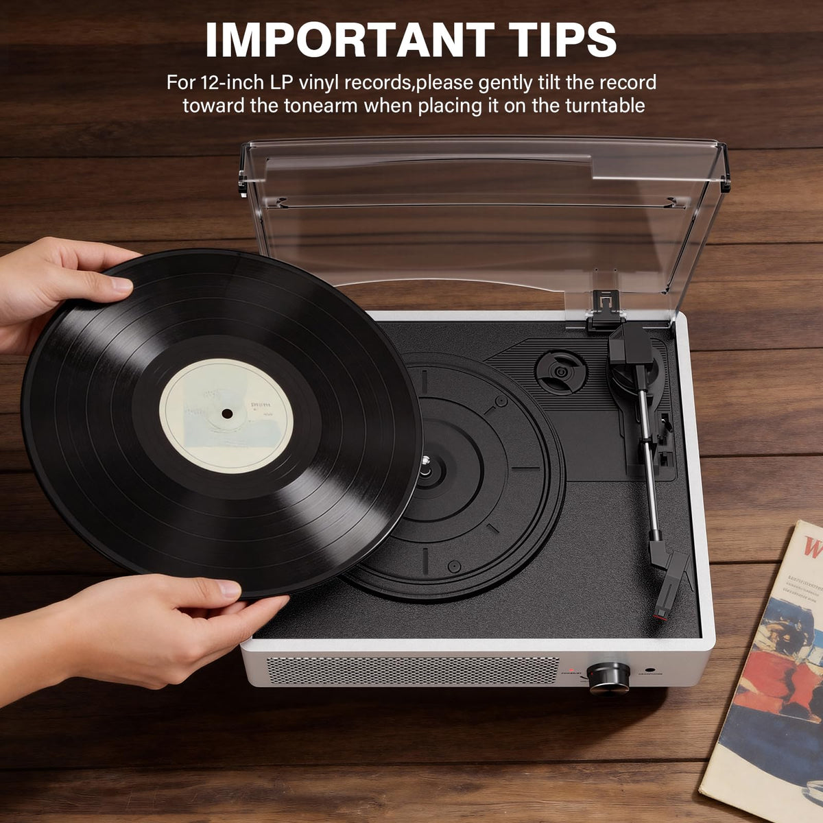 Vinyl Record Player with 2 Stereo Speakers Belt-Driven Vintage Turntables 3 Speed 3 Size Wireless Bluetooth Playback AUX-in RCA Out Headphone LP Vinyl Players Auto Stop Pale Silver