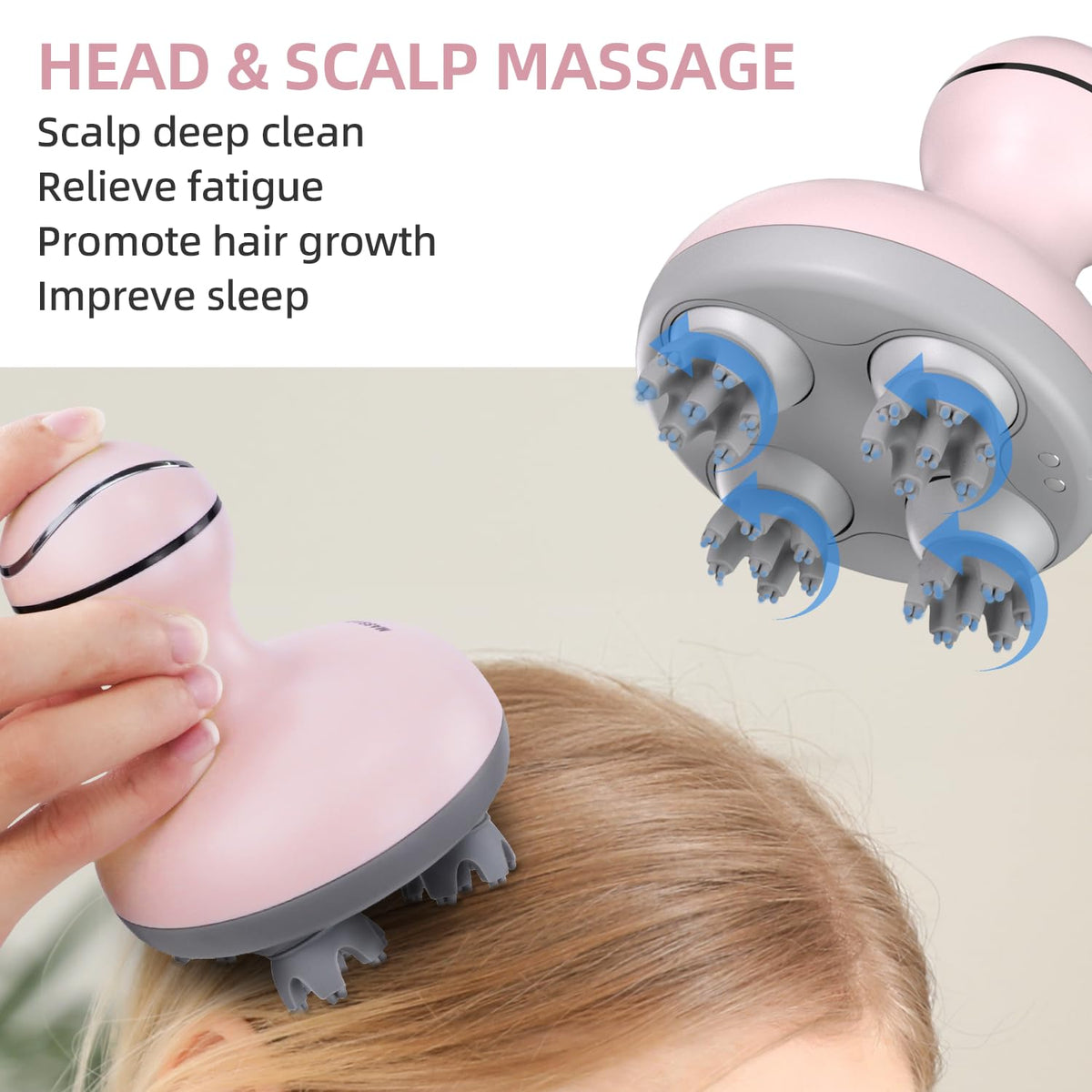 cotsoco Electric Scalp Head Massager, Scalp Hair Massage Waterproof Head Massager with 4 Heads 84 Nodes for Hair Growth and Stress Release Massage Pink