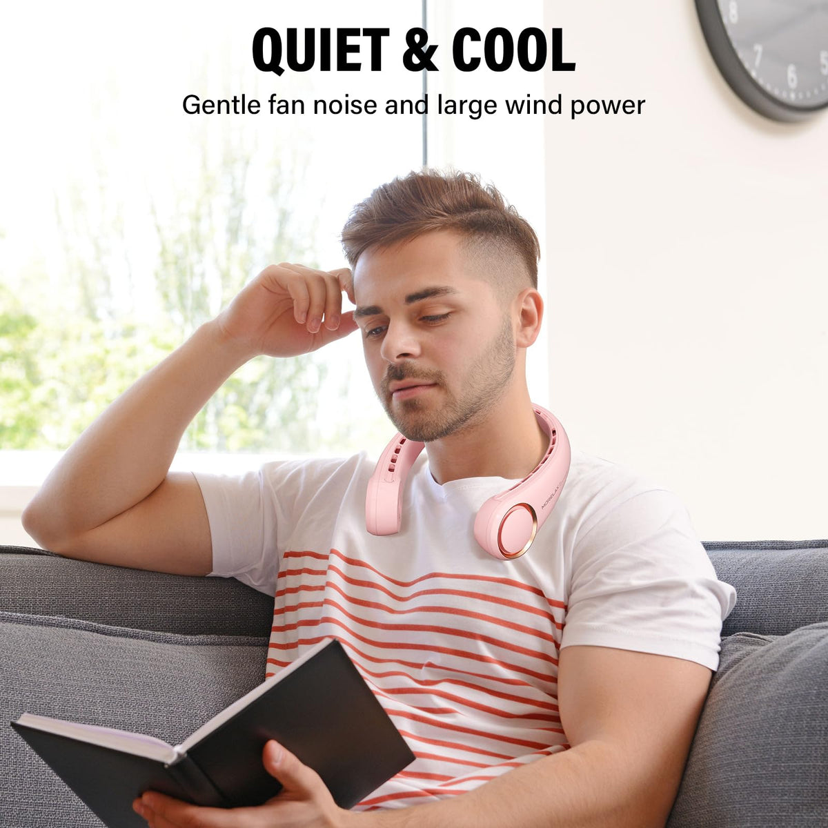 Morelax Neck Fan, USB Rechargeable Personal Fan, 3 Speeds Adjustable, Large air outlet Powerful Strong Wind, Adjustable, 360° Cooling, Super Quiet, No Blade Design, No Hair Twisting, Small (Pink)