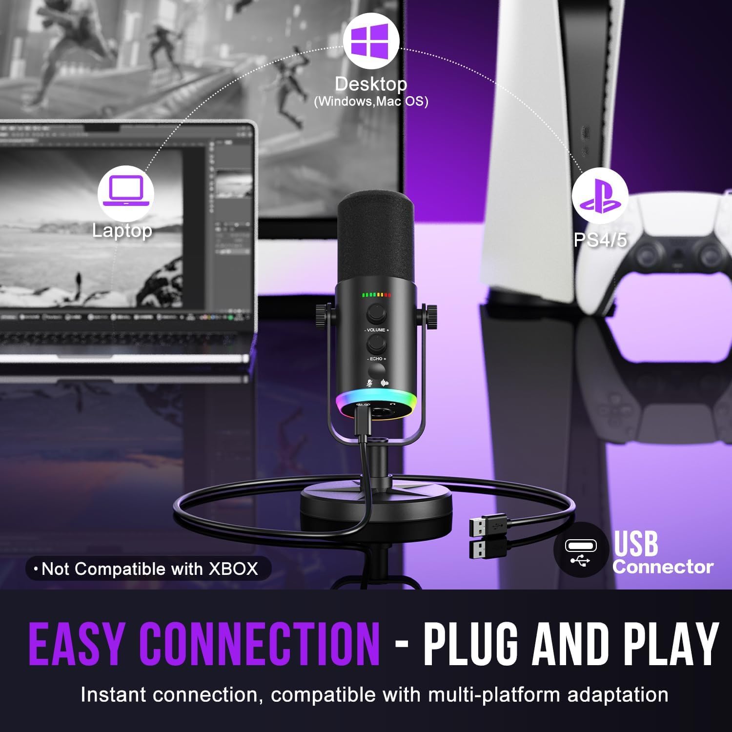 Dynamic Microphone, USB-C/XLR Podcast Recording PC Microphone for Podcast Recording Streaming Gaming with RGB Light, Mute Button, Desktop Stand, Headphones Jack, Vocal Mic for Singing Tiktok YouTube