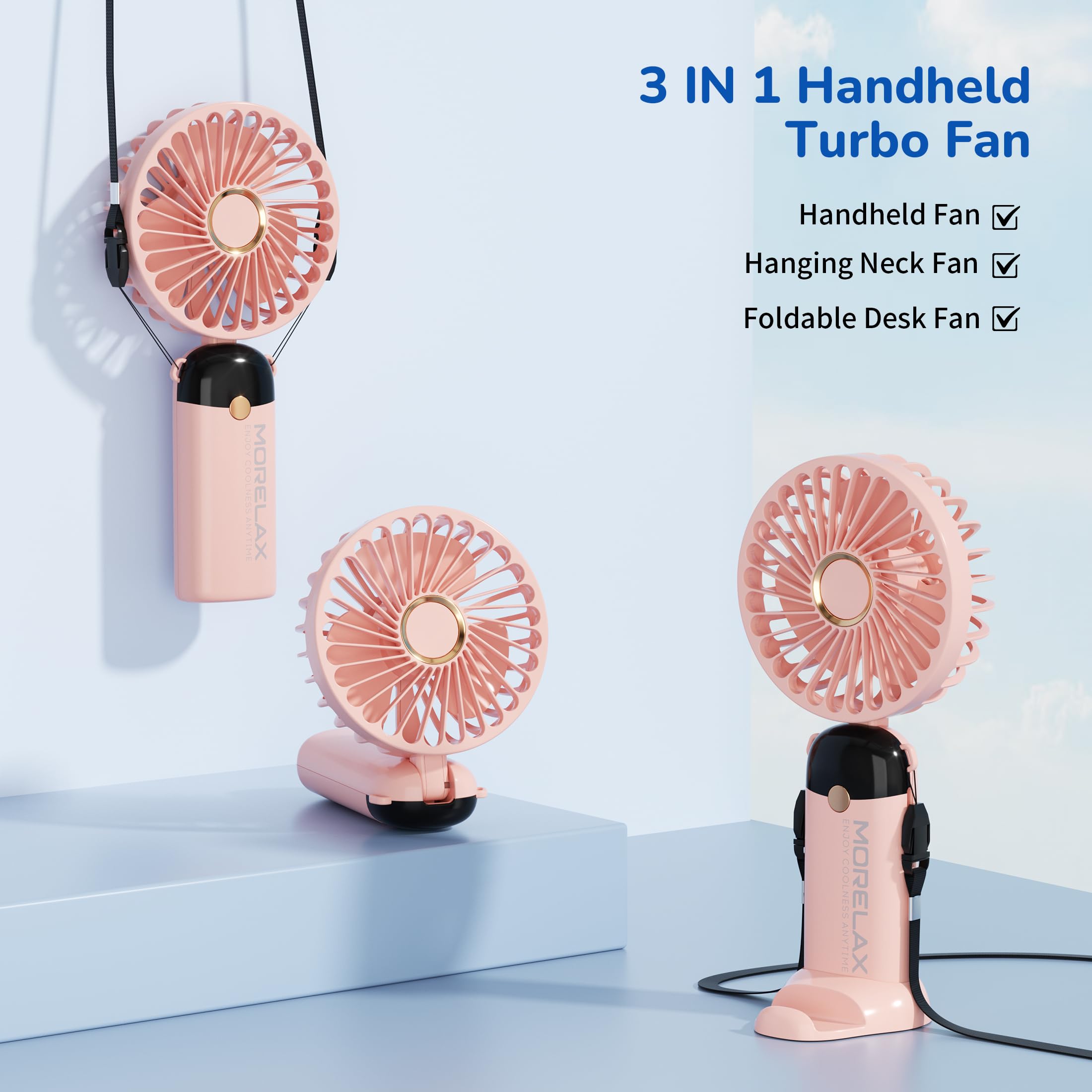 Morelax Handheld Mini Fan,USB Rechargeable Fodable Personal Fans 4000mAh,90 Adjustable, 6 Speed Strong Wind,Portable Fan Pocket Design 5 IN 1Cooling Table Fan for Office School Outdoor Travel,Pink