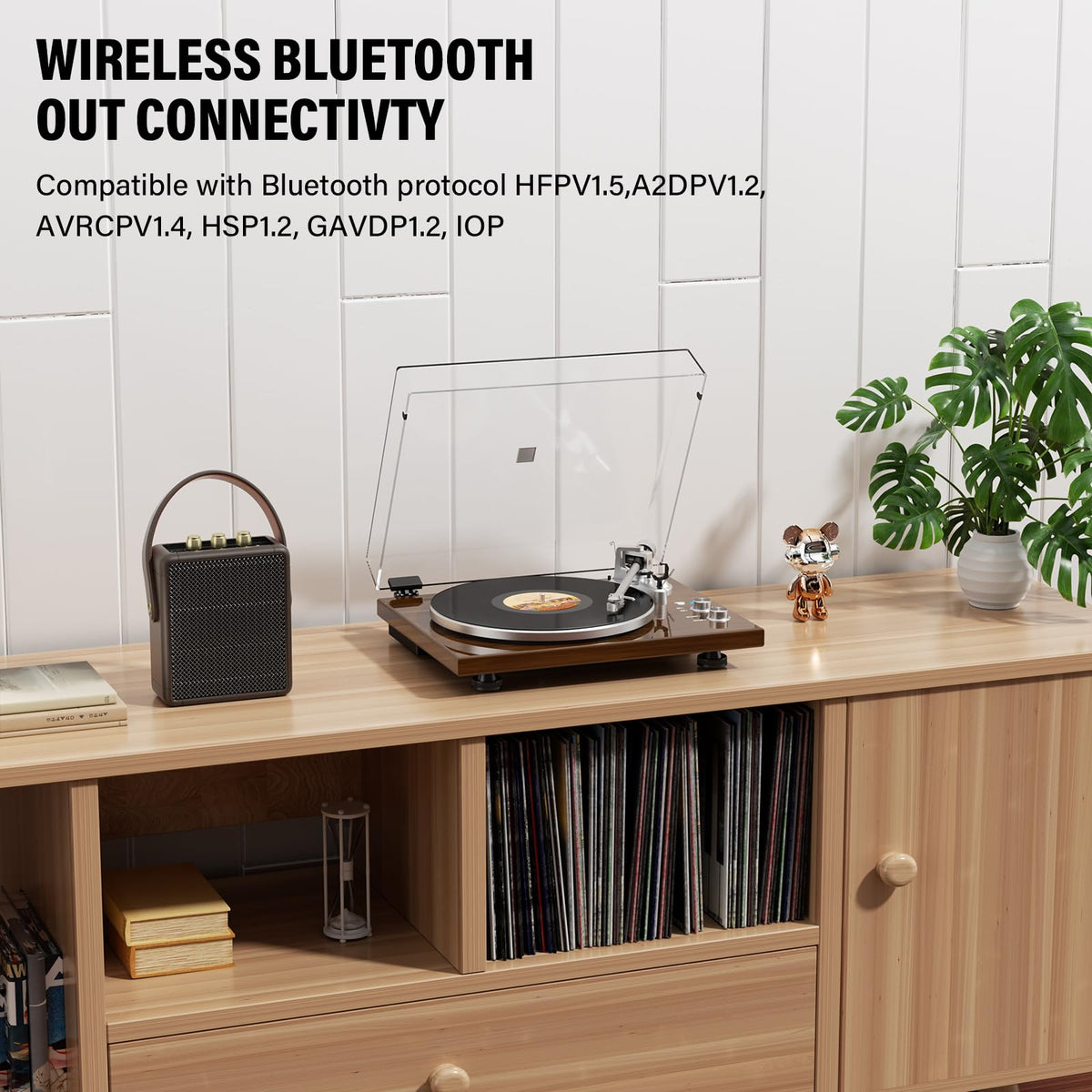 Belt Drive Turntable for Vinyl Record Player,Connect with Bluetooth Speakers or Active Speaker,Built-in Phono Pre-amp,USB Digital Output, Magnetic Cartridge,High-Gloss Wood Design(Brown)