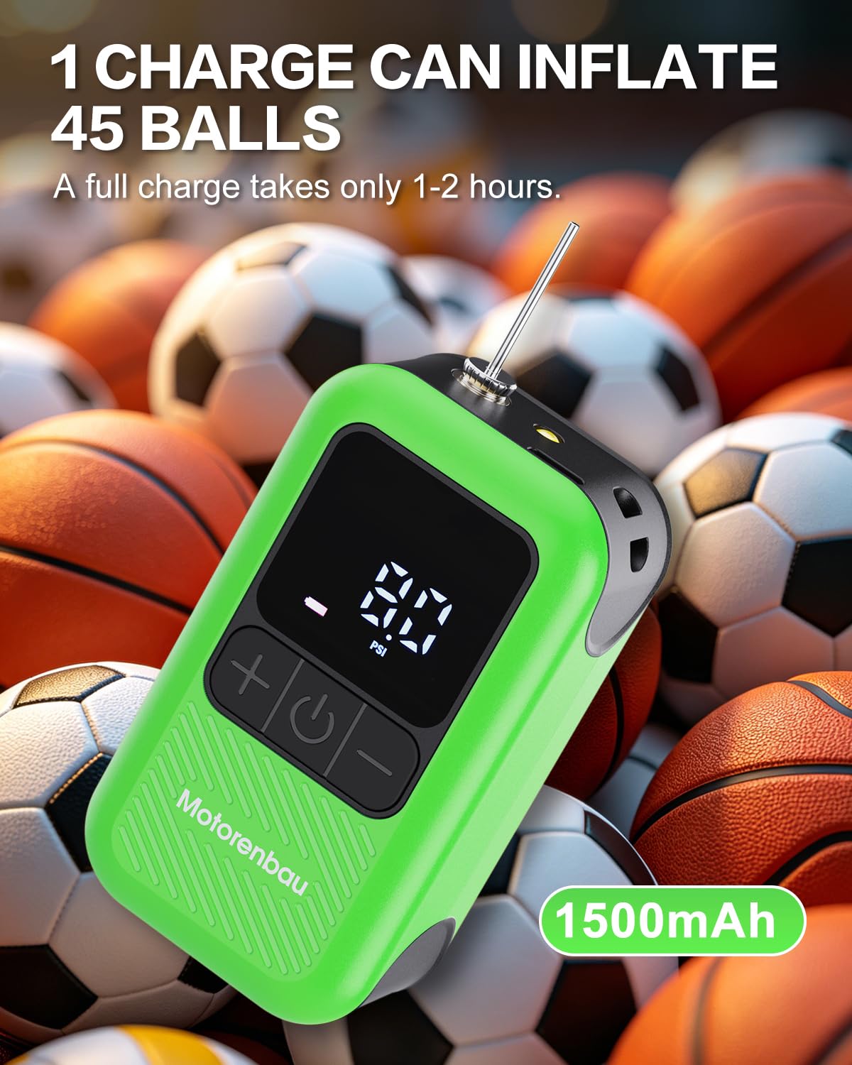 Motorenbau Electric Ball Pump for Sports Balls with LCD Display & LED Light-green