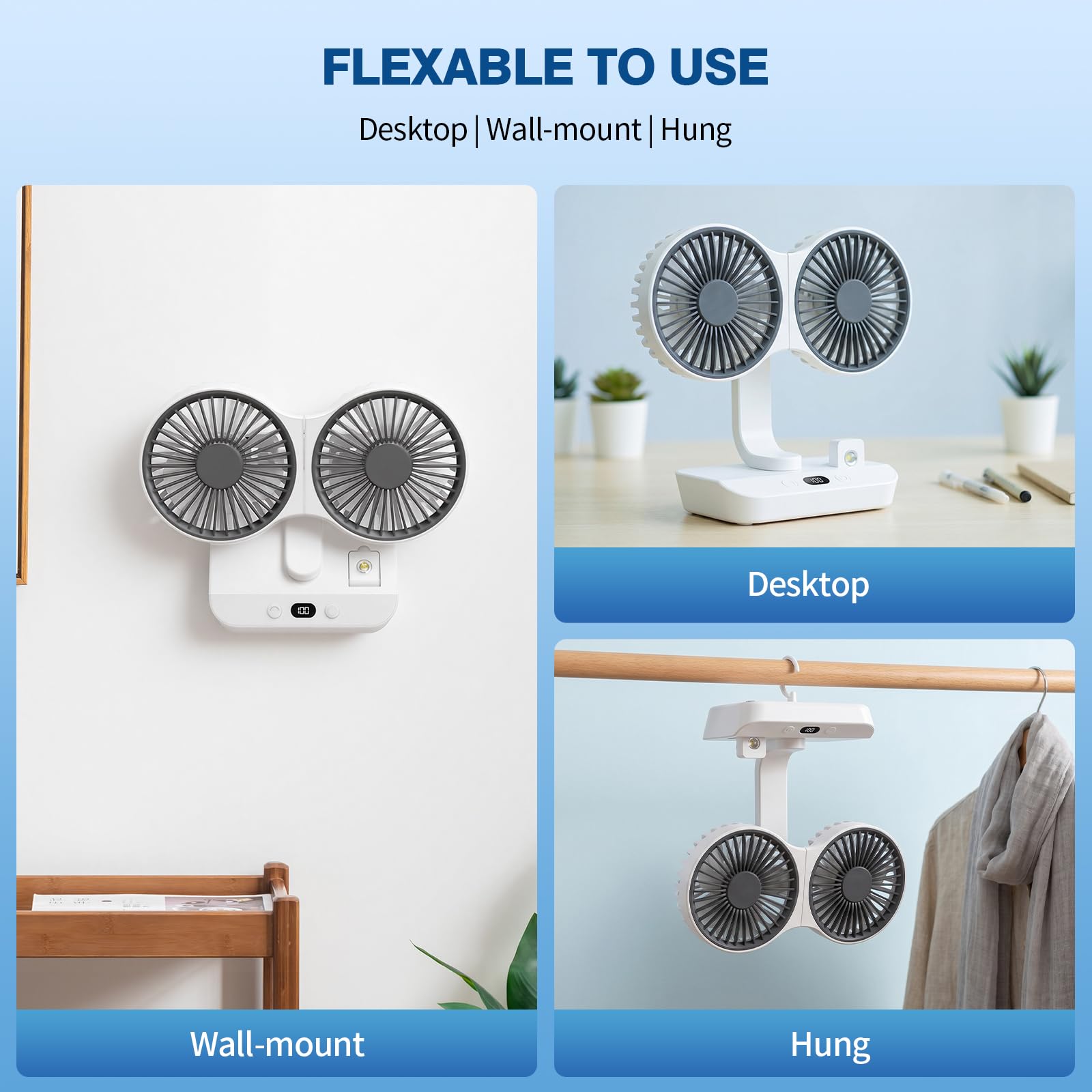 Morelax Dual Head Desk Fan with LED Light, USB Rechargeable Portable Mini Fan, Quiet Desktop & Wall-Mounted Fan, Multi-Angle Rotation, 4 Speeds, for Bedroom, Home, Office, Camping