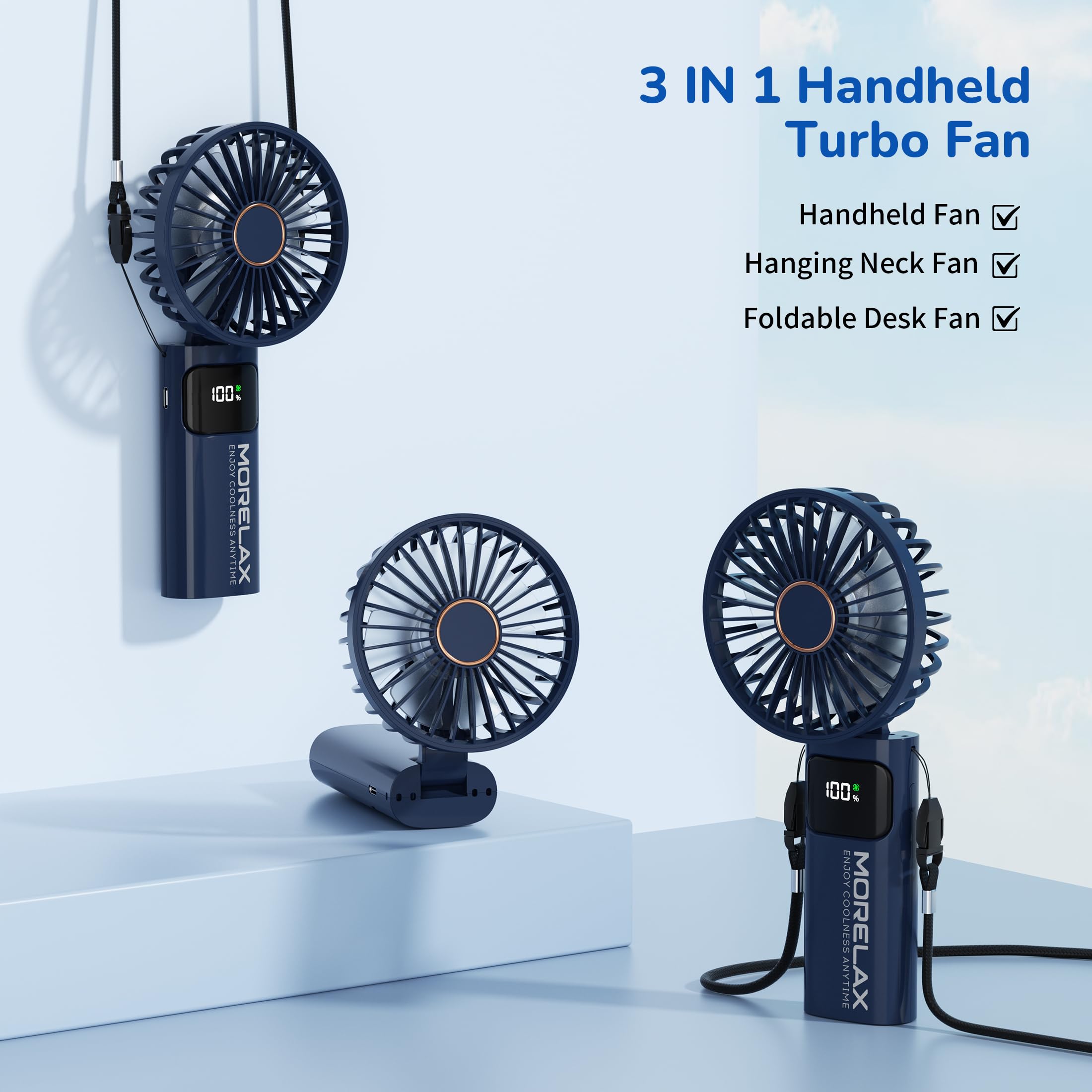 Portable Handheld Fan, USB Rechargeable Foldable Mini Personal Fan, 5200mAh, 180 Adjustable, 6 Speed Wind, 3 IN 1 Hand Cooling Desk Fan with LED Display for Home Office School Outdoor Travel, Blue