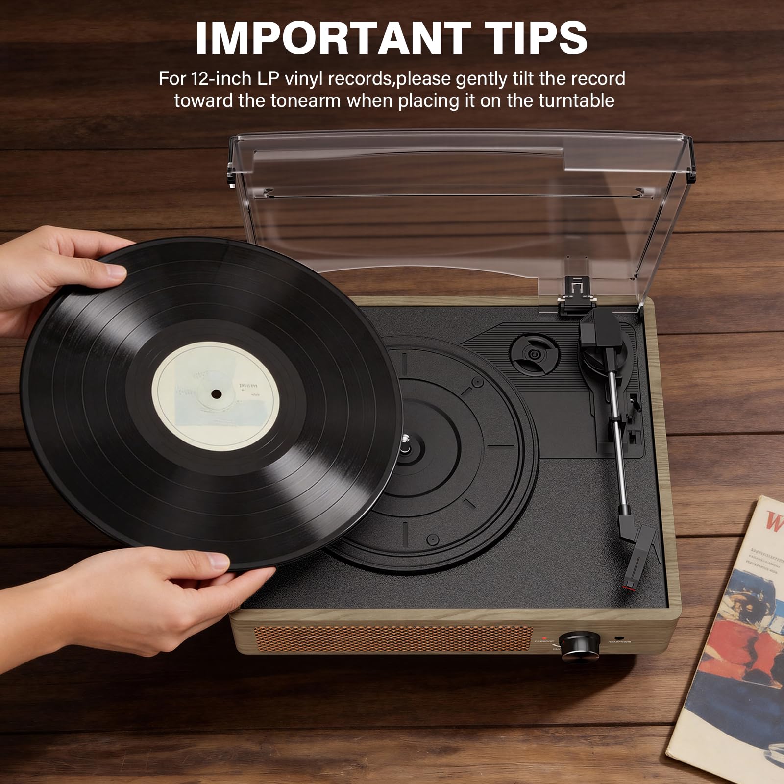 Bluetooth Vinyl Record Player,3-Speed Turntable with Stereo Speakers Vintage Phonograph Record Player, with RCA Line Out AUX in Headphone Jack Grey Wood
