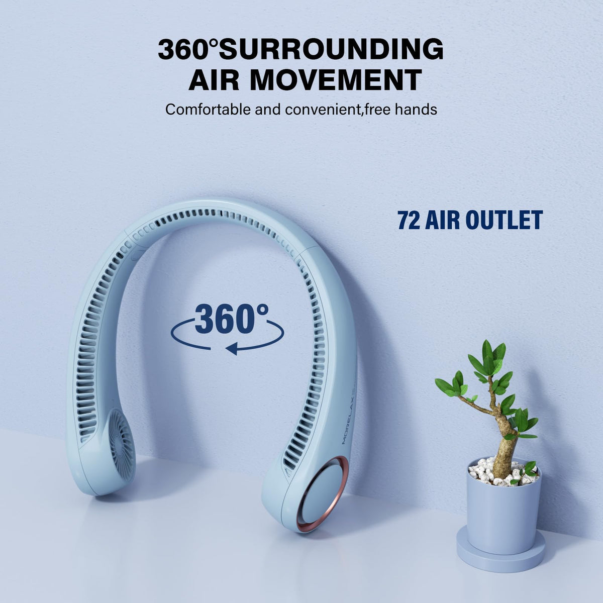 Morelax Neck Fan, USB Rechargeable Personal Fan,Hand Free Bladeless Portable Fans,4000 mAh, 3 Speeds,72 Air Faster softer 360° Cooling, Gift Suitable for Home, Office, Travel, Sports Light Blue