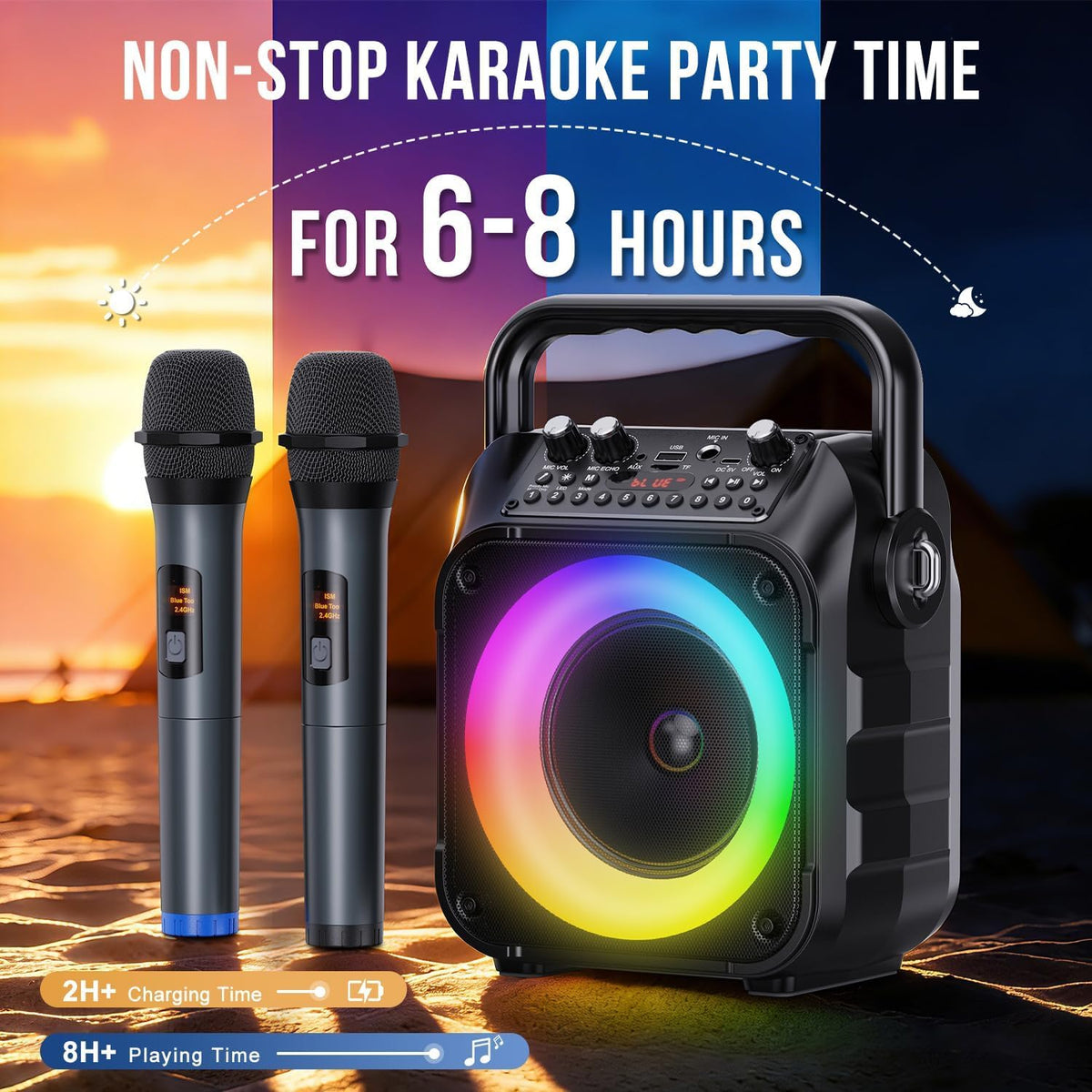 Karaoke Machine, Portable Bluetooth Speaker with 2 Wireless Mics for Adults & Kids with LED Lights, Bass/Treble Adjustment, PA System Supports USB/TF/FM/AUX/TWS for Party Home System Packages