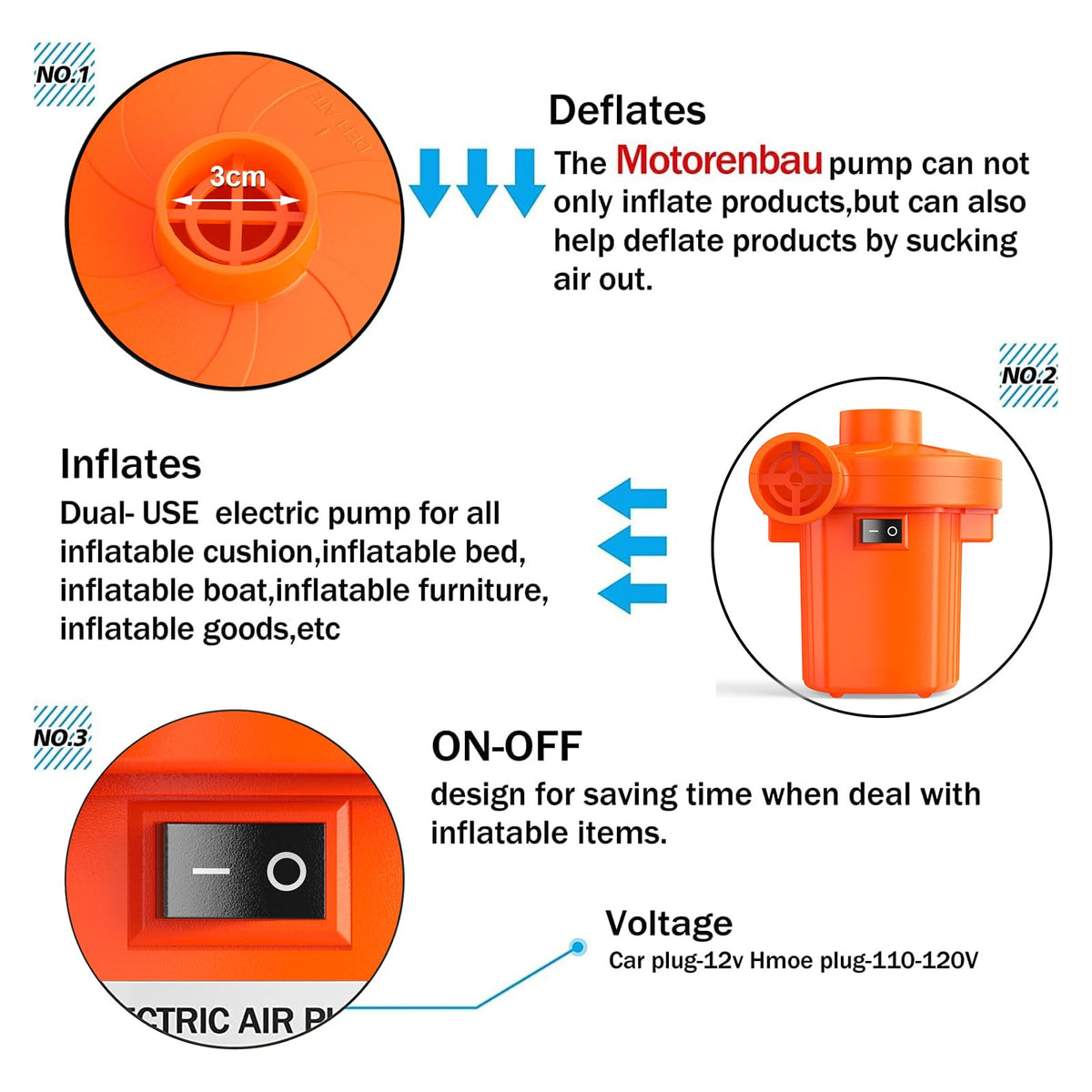 Electric Air Pump for Inflatables,Portable Quick-Fill Air Pump with 3 Nozzles,110-120V, Inflator & Deflator Pumps for Outdoor Camping, Air Mattress Beds,Boats,Inflatable Cushion,Couch,Pool Floats