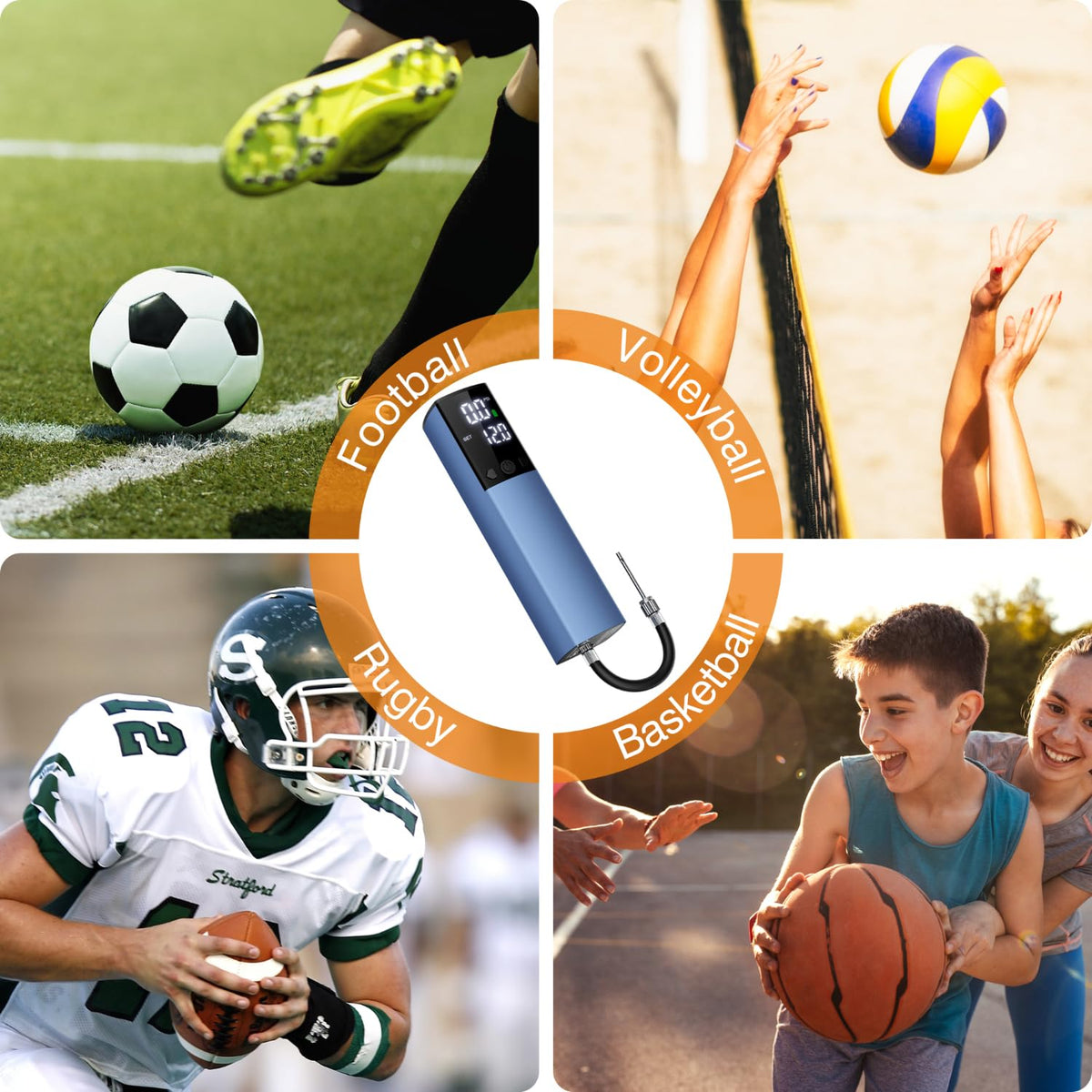 Electric Ball Pump,Smart Air Pump Portable Fast Ball Inflation with Accurate Pressure Gauge and Digital LCD Display for Basketball Football Soccer Volleyball (2Pin&2Nozzle&1Spout)
