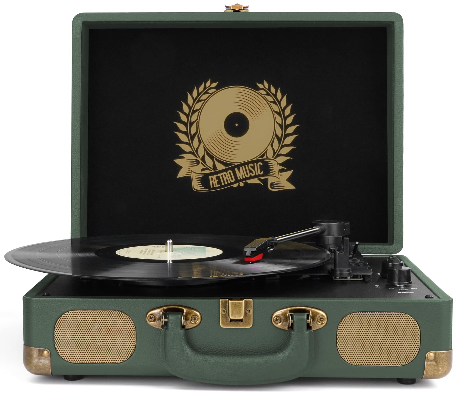Vinyl Record Player Bluetooth Turntable 3-Speed Suitcase Portable Vintage Belt-Driven Record Player with Built-in Speakers RCA Line Out AUX in Headphone Jack Military Green