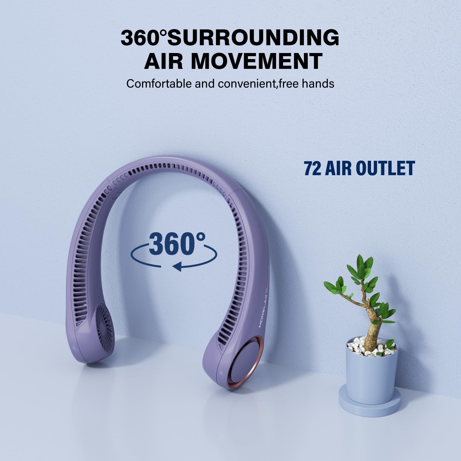 Morelax Neck Fan, USB Rechargeable Personal Fan,Hand Free Bladeless Portable Fans,4000 mAh, 3 Speeds,72 Air Faster softer 360° Cooling,Gift Suitable for Home, Office, Travel, Sports Purple