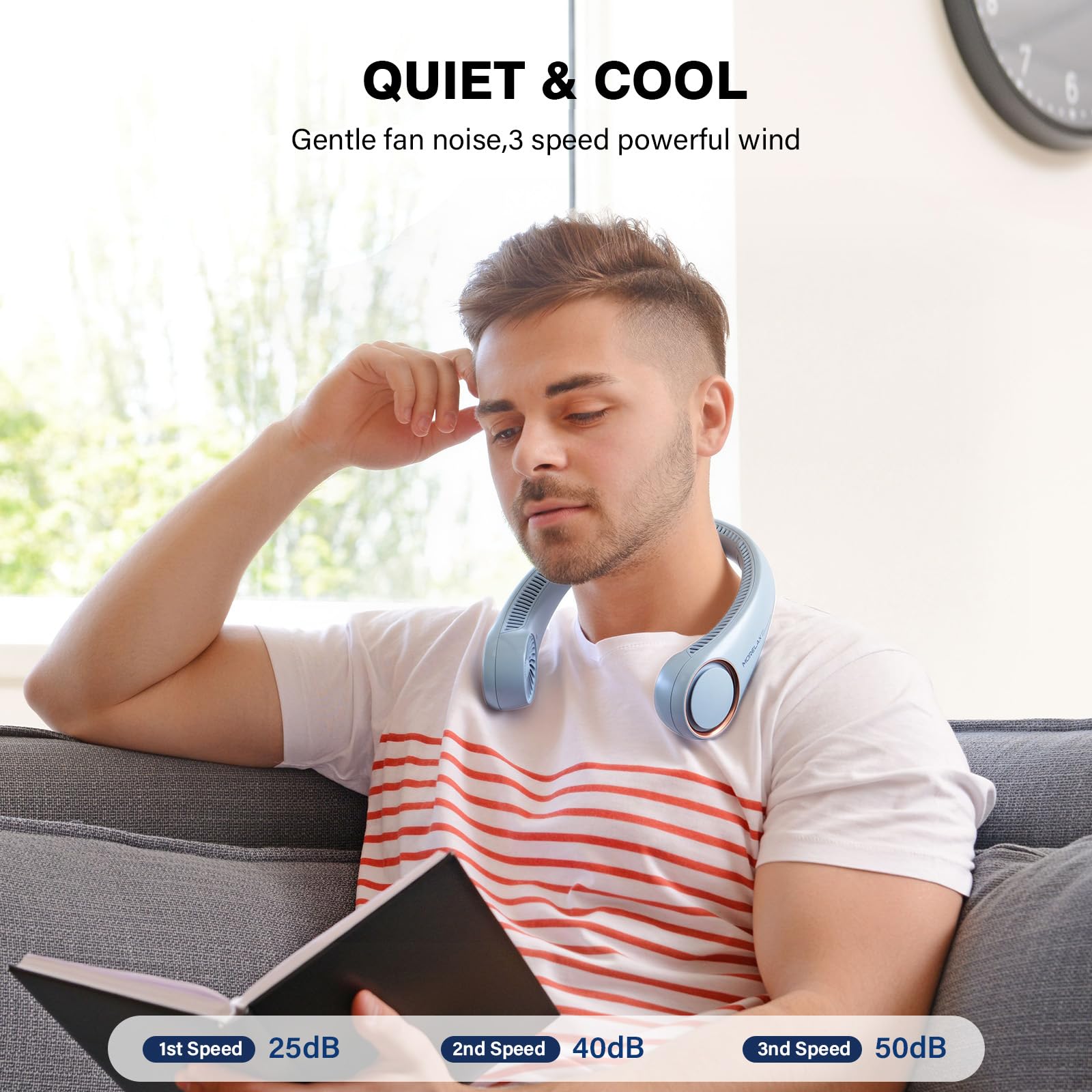 Morelax Neck Fan, USB Rechargeable Personal Fan,Hand Free Bladeless Portable Fans,4000 mAh, 3 Speeds,72 Air Faster softer 360° Cooling, Gift Suitable for Home, Office, Travel, Sports Light Blue