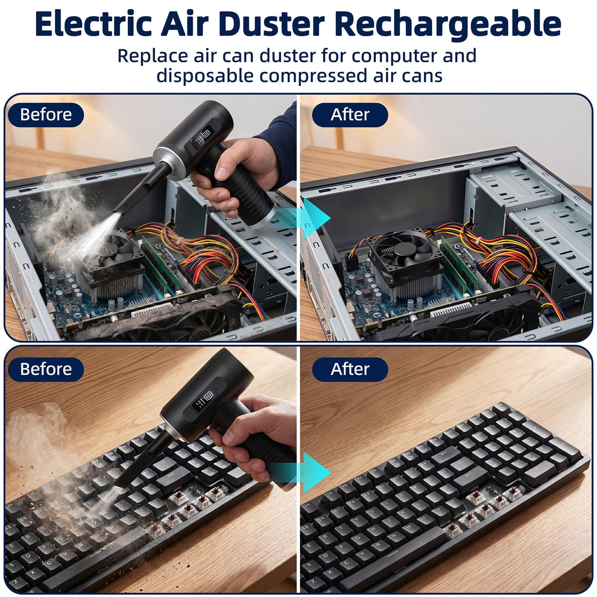 Compressed Air Duster, 100000RPM Super Power Electric Air Duster with LED Light, 3-Gear Adjustable Rechargeable Cordless Air Blower for Keyboard Car House Electric Devices Cleaning Outdoor