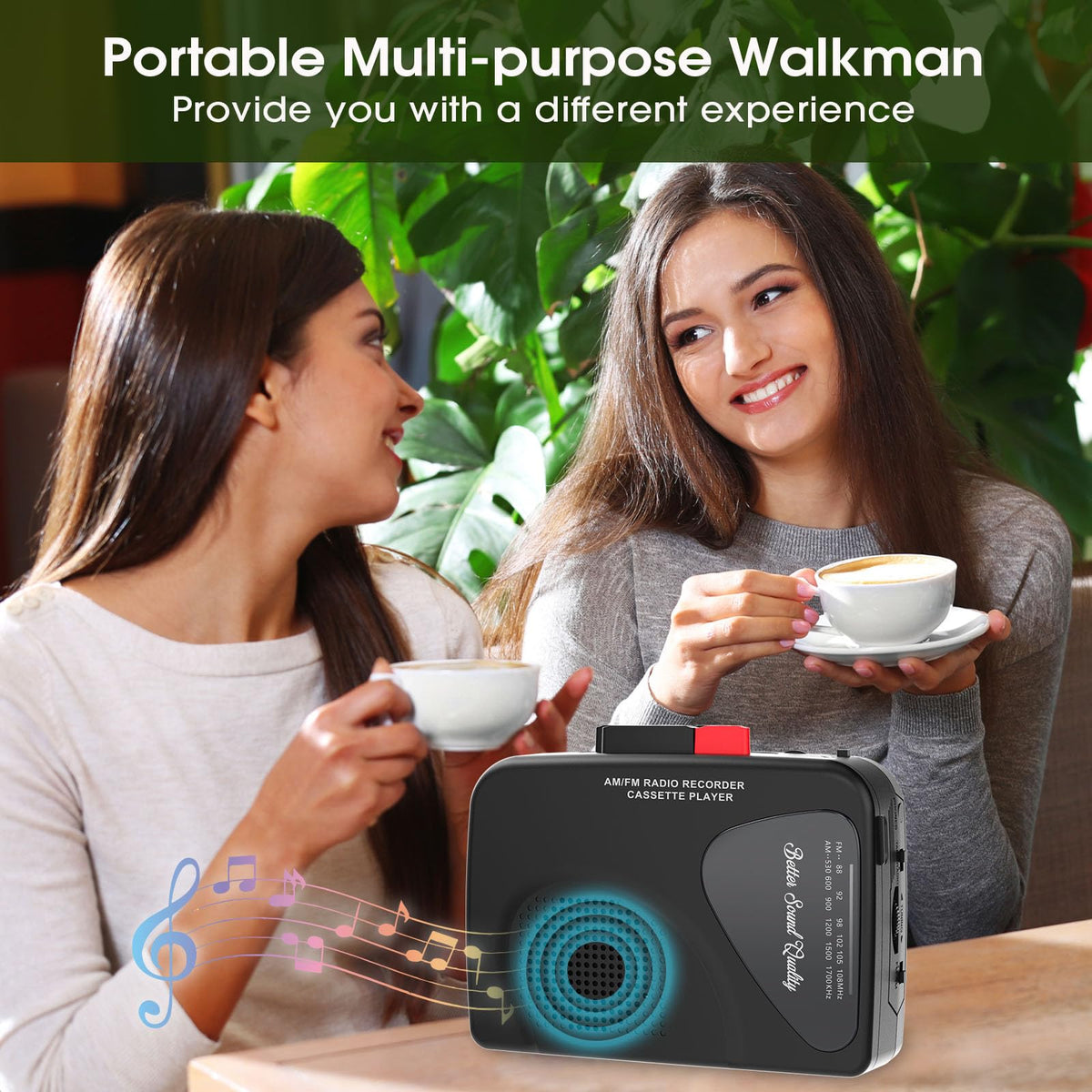 Walkman Cassette Players Recorders AM/FM Radio, Portable Tape Player Records to Tape Built in Speakers Manual Record - 2AA Battery Or DC 5V Supply with 3.5MM Earphone- Black