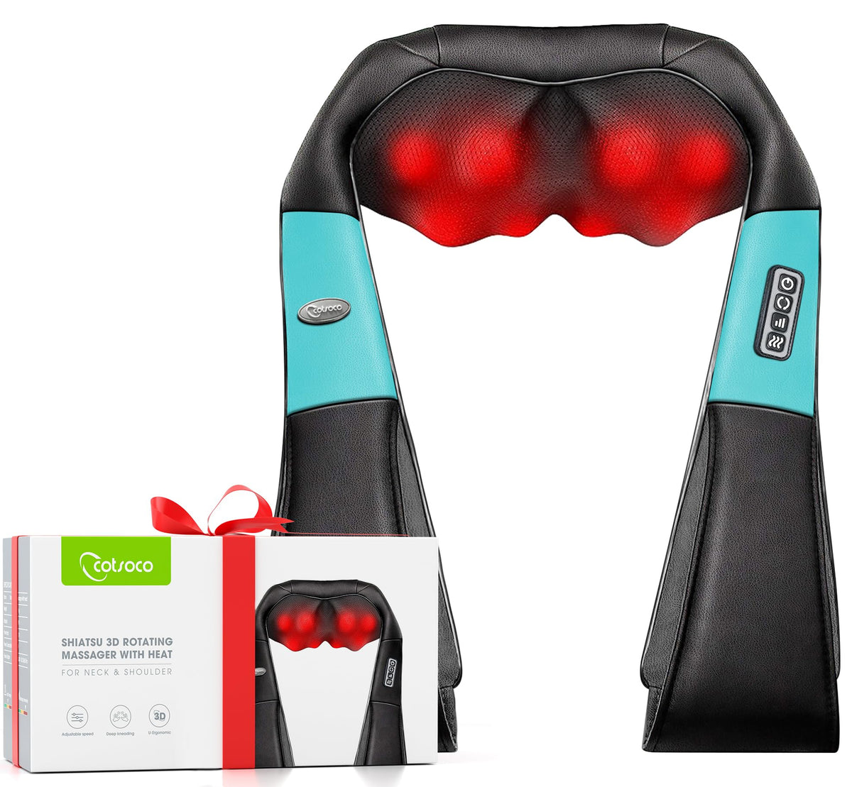cotsoco Neck Massager, Shiatsu Neck and Back Massager with Heat for Pain Relief, Deep Tissue 3D Kneading Massage Pillow, Relaxation Gifts for Men and Women, Gifts for Dad, Elderly,Wife(Teal)