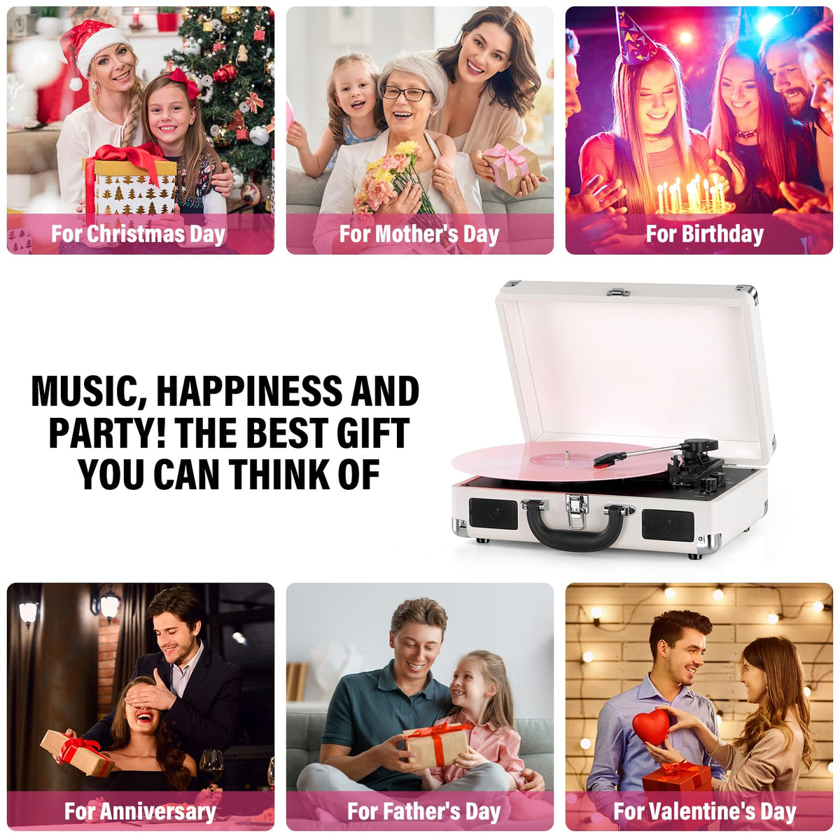 Vinyl Record Player Bluetooth 3-Speed Portable Vintage Suitcase with Built-in Speakers, RCA Line Out AUX in Headphone Jack Vintage Turntable, White