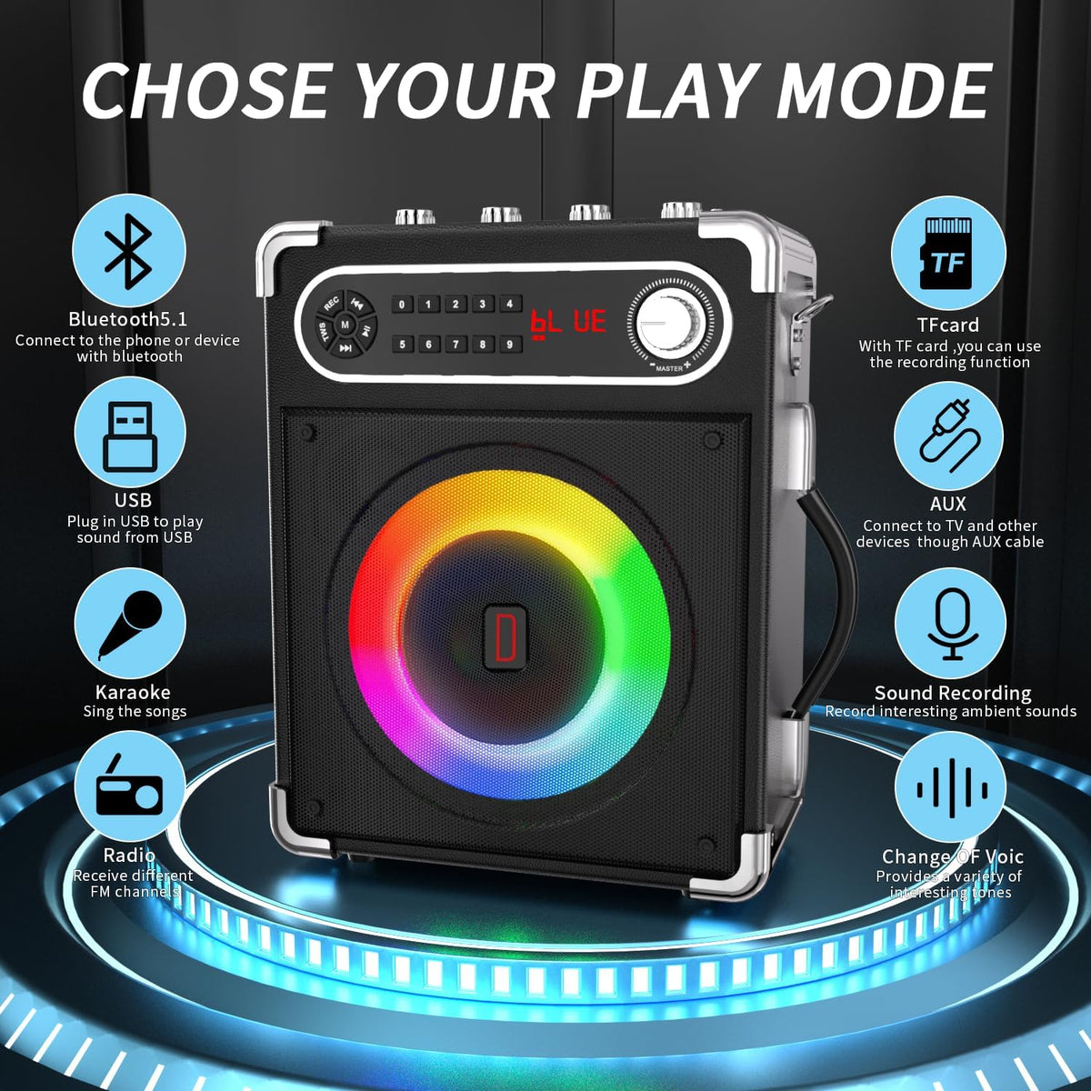 Karaoke Machine with 4 Wireless Microphones, Portable Bluetooth 5.1 Speaker for Adults Kids with LED Lights, Bass/Treble Adjustment, PA System with Remote Control, Supports FM/AUX/USB/TF for Party