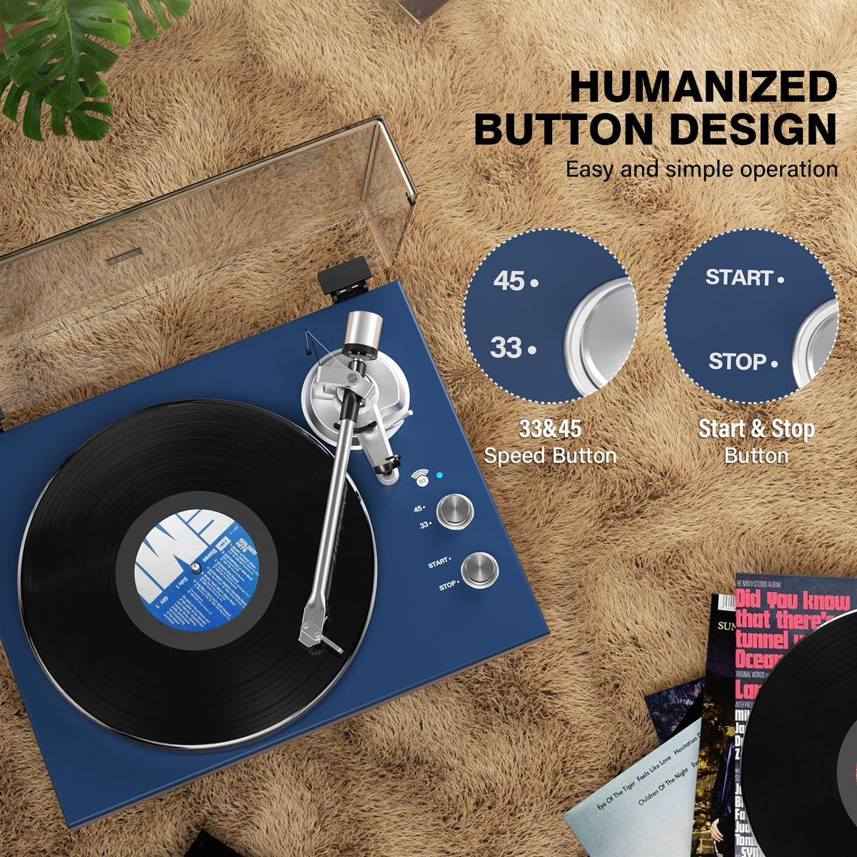 Belt Drive Turntable for Vinyl Record Player, Bluetooth Output, Built-in Phono Preamp, USB Digital Output, Magnetic Cartridge, 33/45 RPM, Wood Design, No Built-in Speakers(Blue)