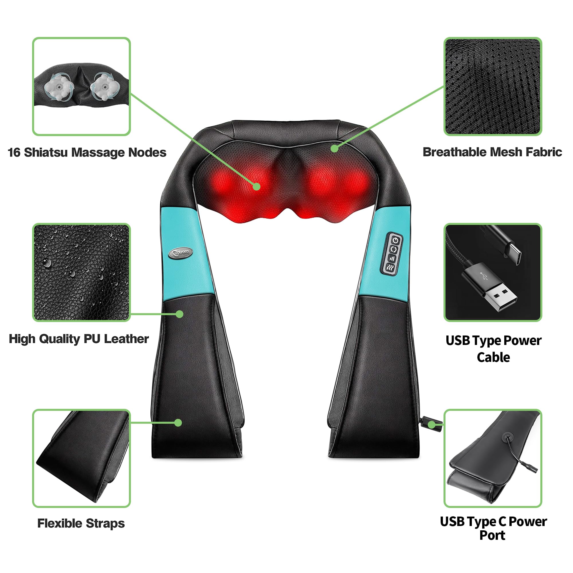 cotsoco Neck Massager, Shiatsu Neck and Back Massager with Heat for Pain Relief, Deep Tissue 3D Kneading Massage Pillow, Relaxation Gifts for Men and Women, Gifts for Dad, Elderly,Wife(Teal)