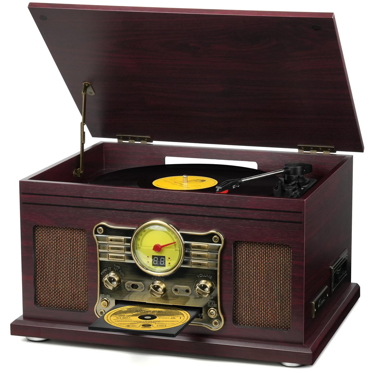 FEKTIK Bluetooth Record Player 10 in 1,FEKTIK 3-Speed Turntable for Vinyl with Speakers, LP to MP3 Converter, CD, Cassette Player, FM Radio, Wireless Streaming | Coffee