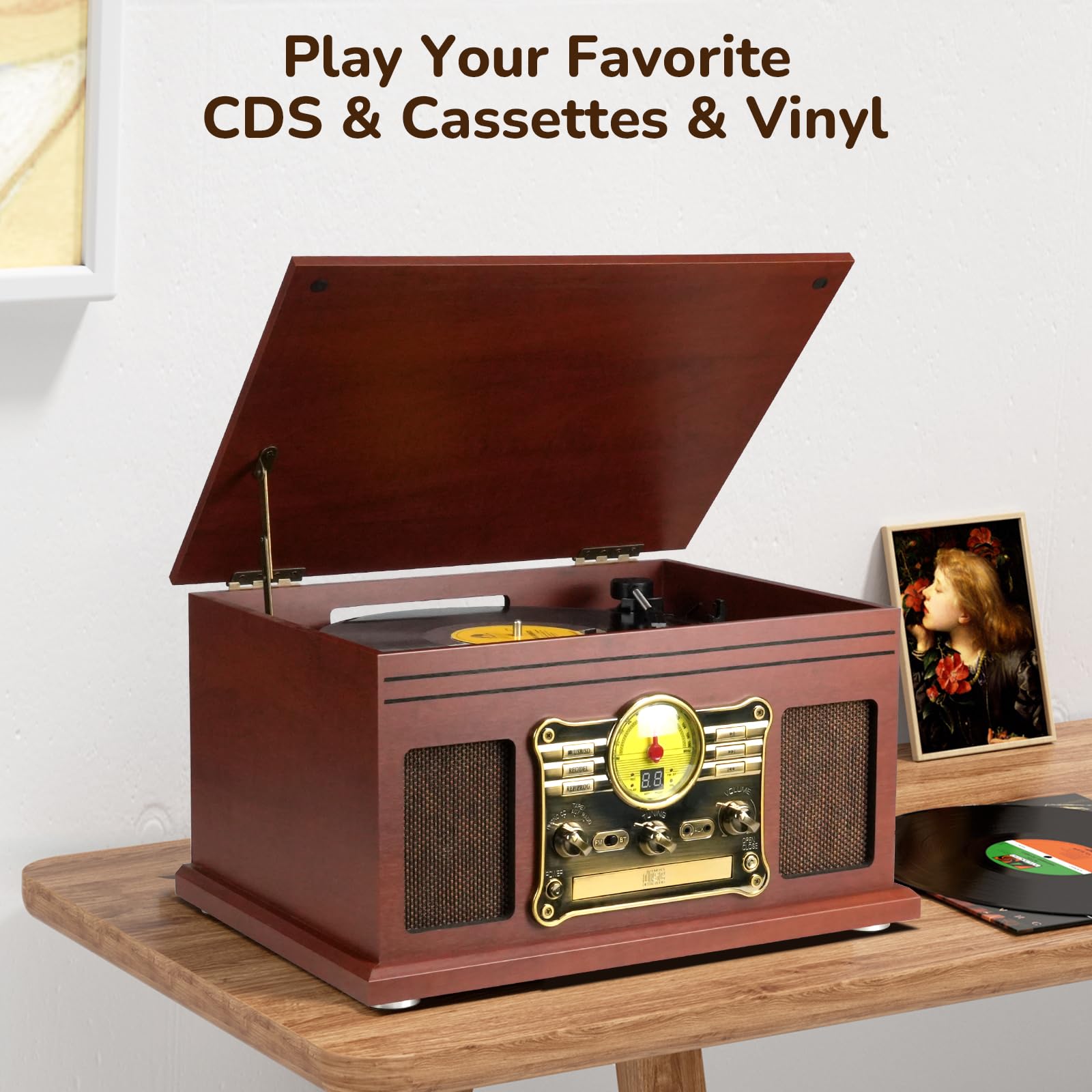 Bluetooth Record Player 10 in 1, 3-Speed Turntable for Vinyl with Speakers, LP to MP3 Converter, CD, Cassette Player, FM Radio, Wireless Streaming | Mahogany